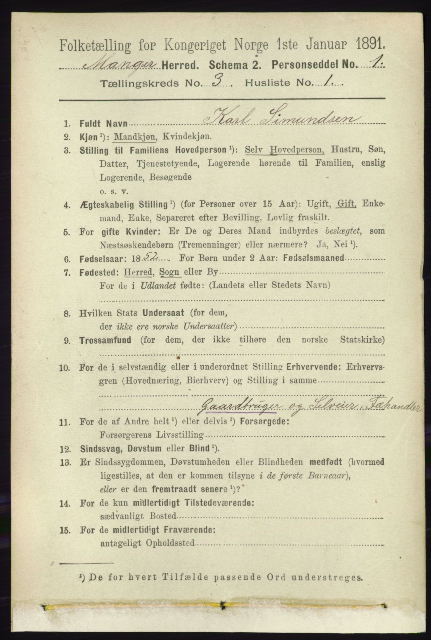 RA, 1891 census for 1261 Manger, 1891, p. 1408