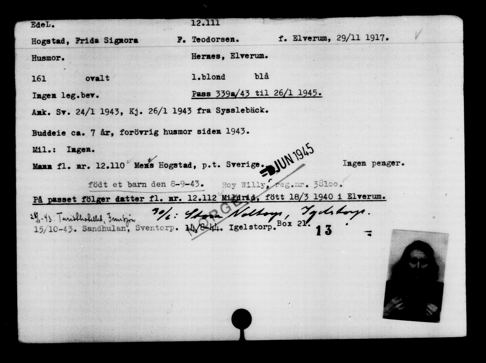 Utenriksstasjonene, Legasjonen i Stockholm, Flyktningkontoret, AV/RA-S-6753/V/Va/L0006: Kjesäterkartoteket, flyktninger med registreringsnr. 9400-12711, 1940-1945, p. 3075