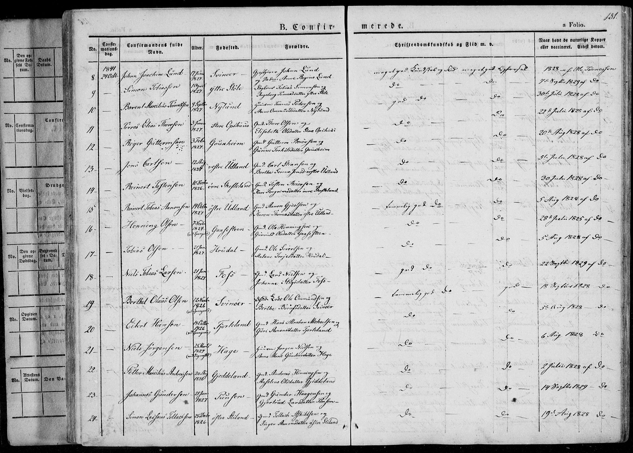 Sør-Audnedal sokneprestkontor, AV/SAK-1111-0039/F/Fa/Fab/L0006: Parish register (official) no. A 6, 1829-1855, p. 151