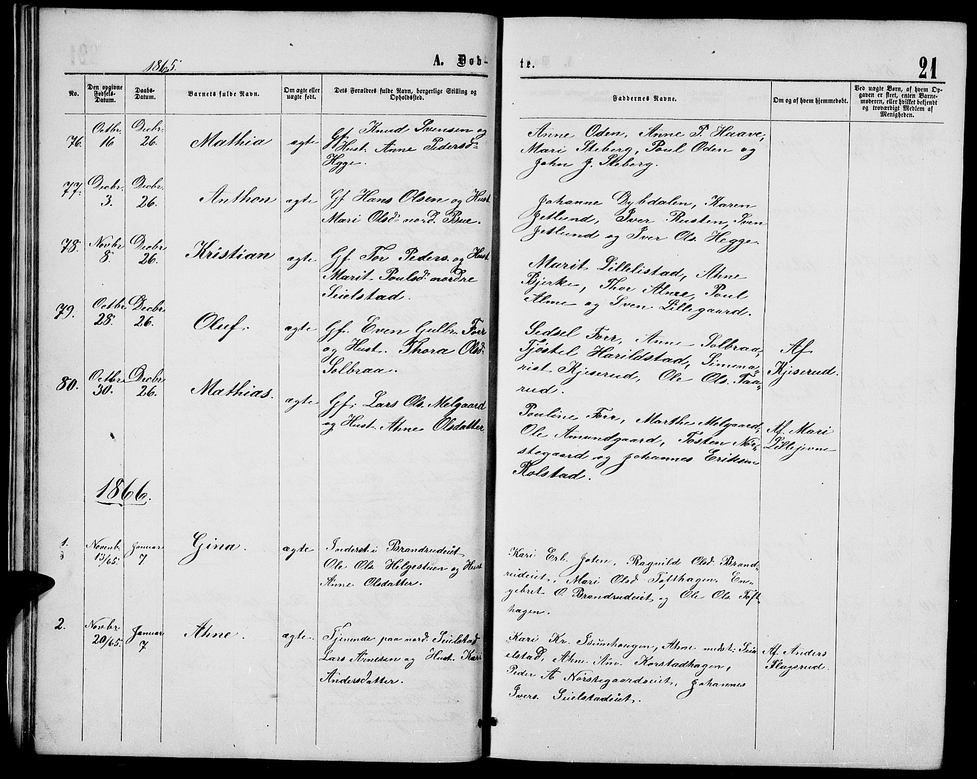 Sør-Fron prestekontor, SAH/PREST-010/H/Ha/Hab/L0002: Parish register (copy) no. 2, 1864-1883, p. 21
