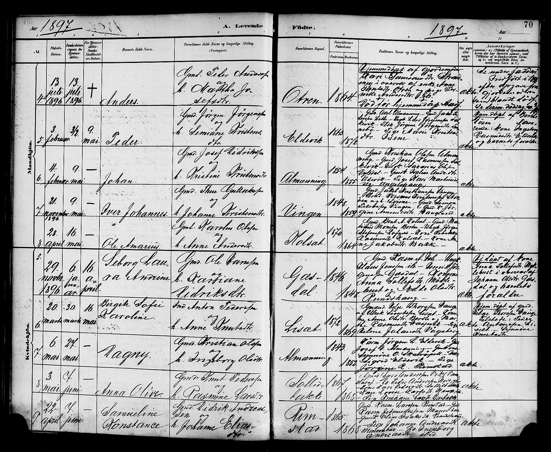 Davik sokneprestembete, AV/SAB-A-79701/H/Haa/Haad/L0001: Parish register (official) no. D 1, 1882-1900, p. 70