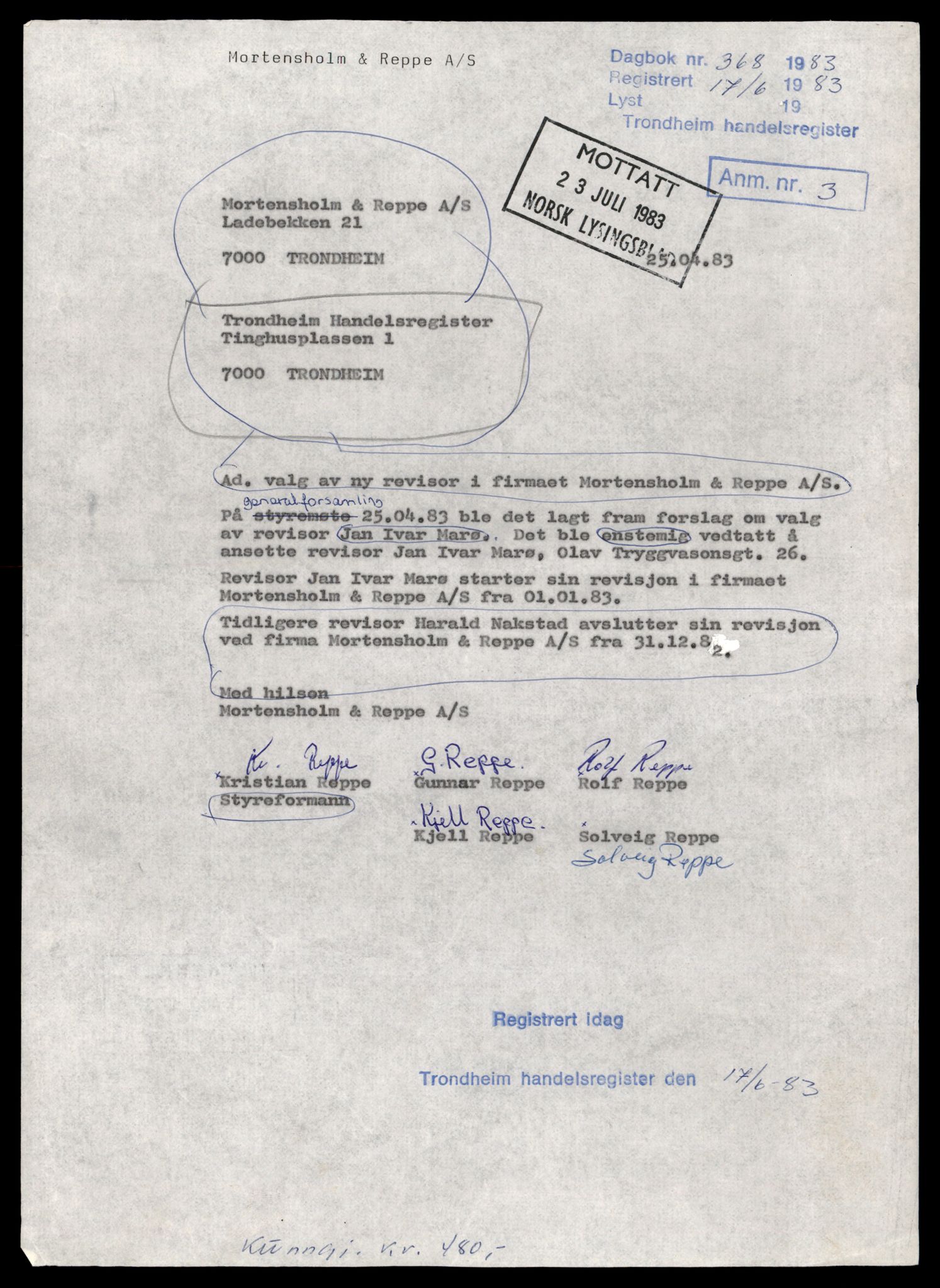 Trondheim byfogd, AV/SAT-A-0003/2/J/Jd/Jda/L0038: Bilag, aksjeselskap, Mor-Må, 1944-1990, p. 1