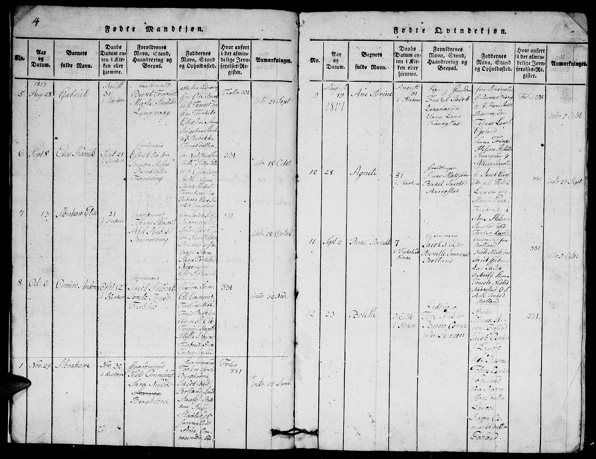 Herad sokneprestkontor, SAK/1111-0018/F/Fb/Fbb/L0001: Parish register (copy) no. B 1, 1815-1852, p. 4