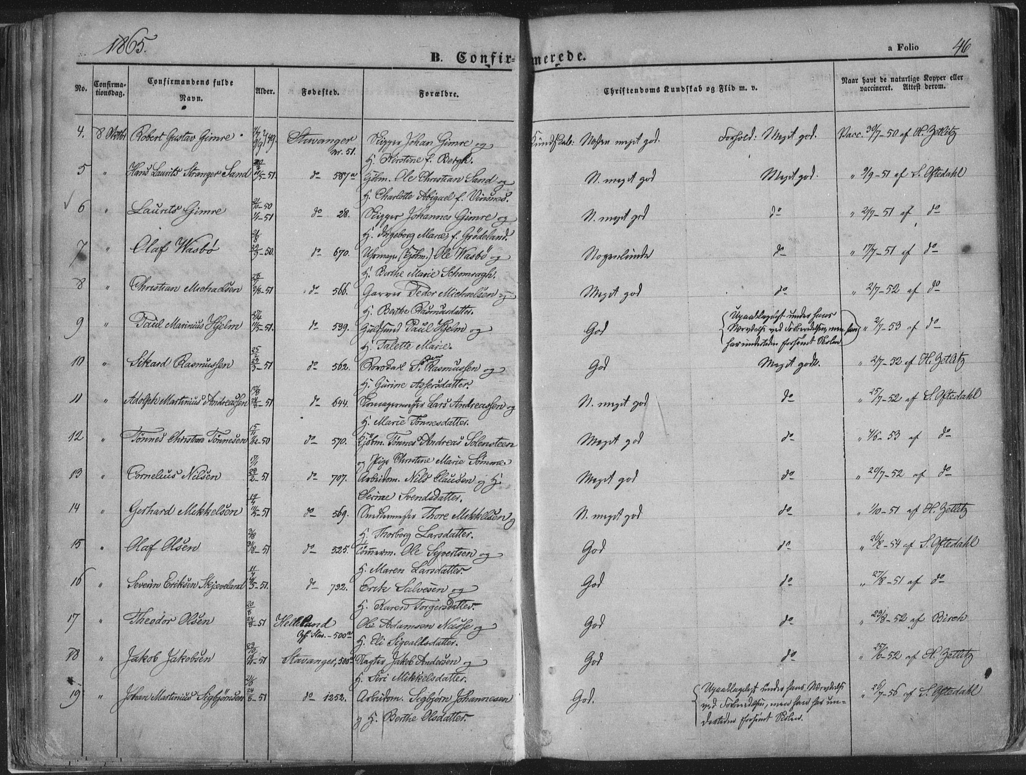 Domkirken sokneprestkontor, AV/SAST-A-101812/001/30/30BA/L0018: Parish register (official) no. A 17, 1857-1877, p. 46