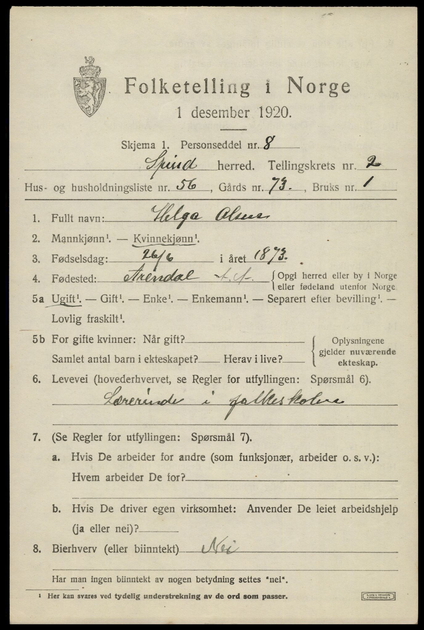 SAK, 1920 census for Spind, 1920, p. 1597