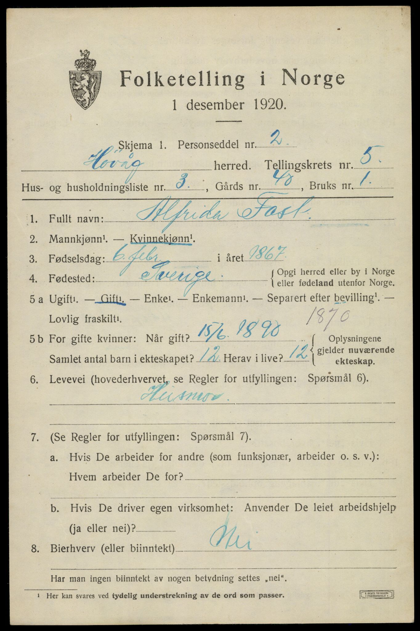 SAK, 1920 census for Høvåg, 1920, p. 2596