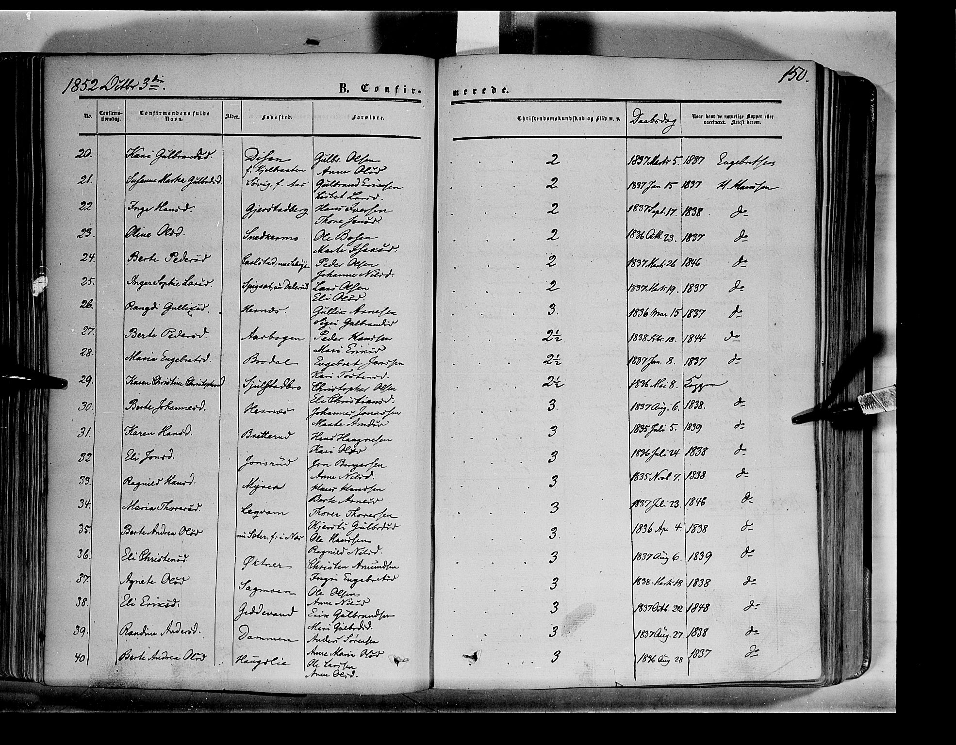 Sør-Odal prestekontor, AV/SAH-PREST-030/H/Ha/Haa/L0001: Parish register (official) no. 1, 1849-1859, p. 150