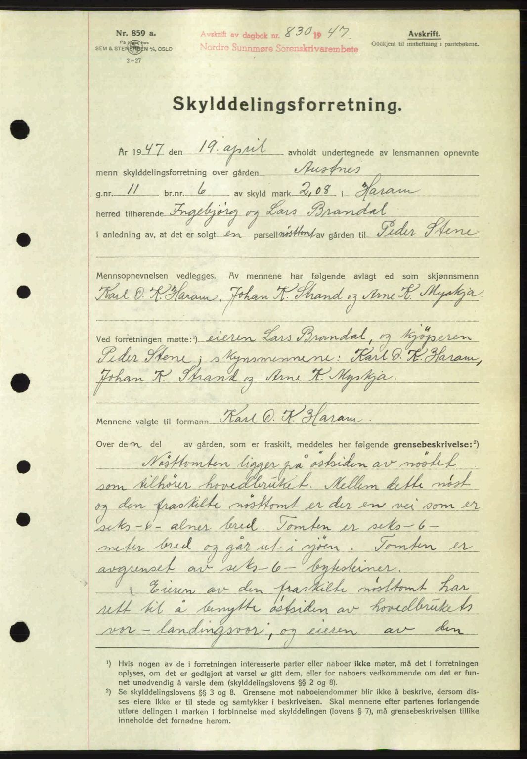Nordre Sunnmøre sorenskriveri, AV/SAT-A-0006/1/2/2C/2Ca: Mortgage book no. A24, 1947-1947, Diary no: : 830/1947
