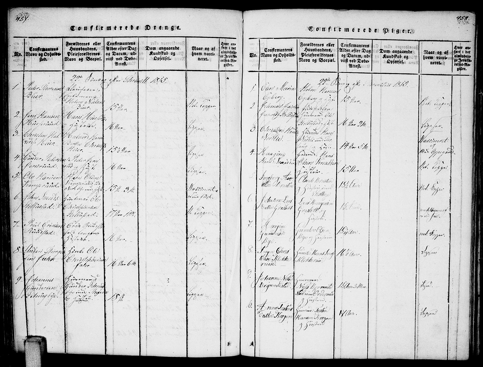 Enebakk prestekontor Kirkebøker, AV/SAO-A-10171c/F/Fa/L0006: Parish register (official) no. I 6, 1815-1832, p. 457-458