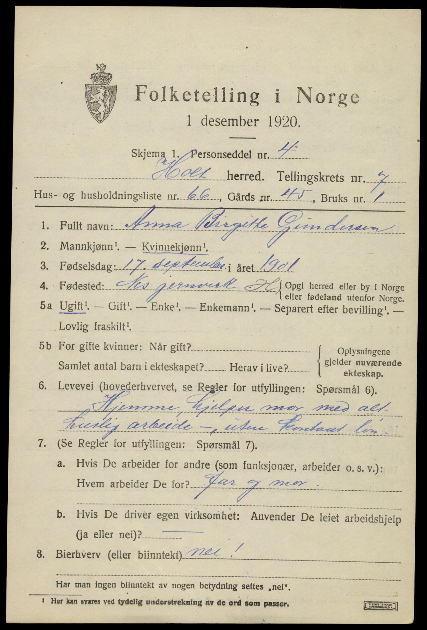 SAK, 1920 census for Holt, 1920, p. 4920