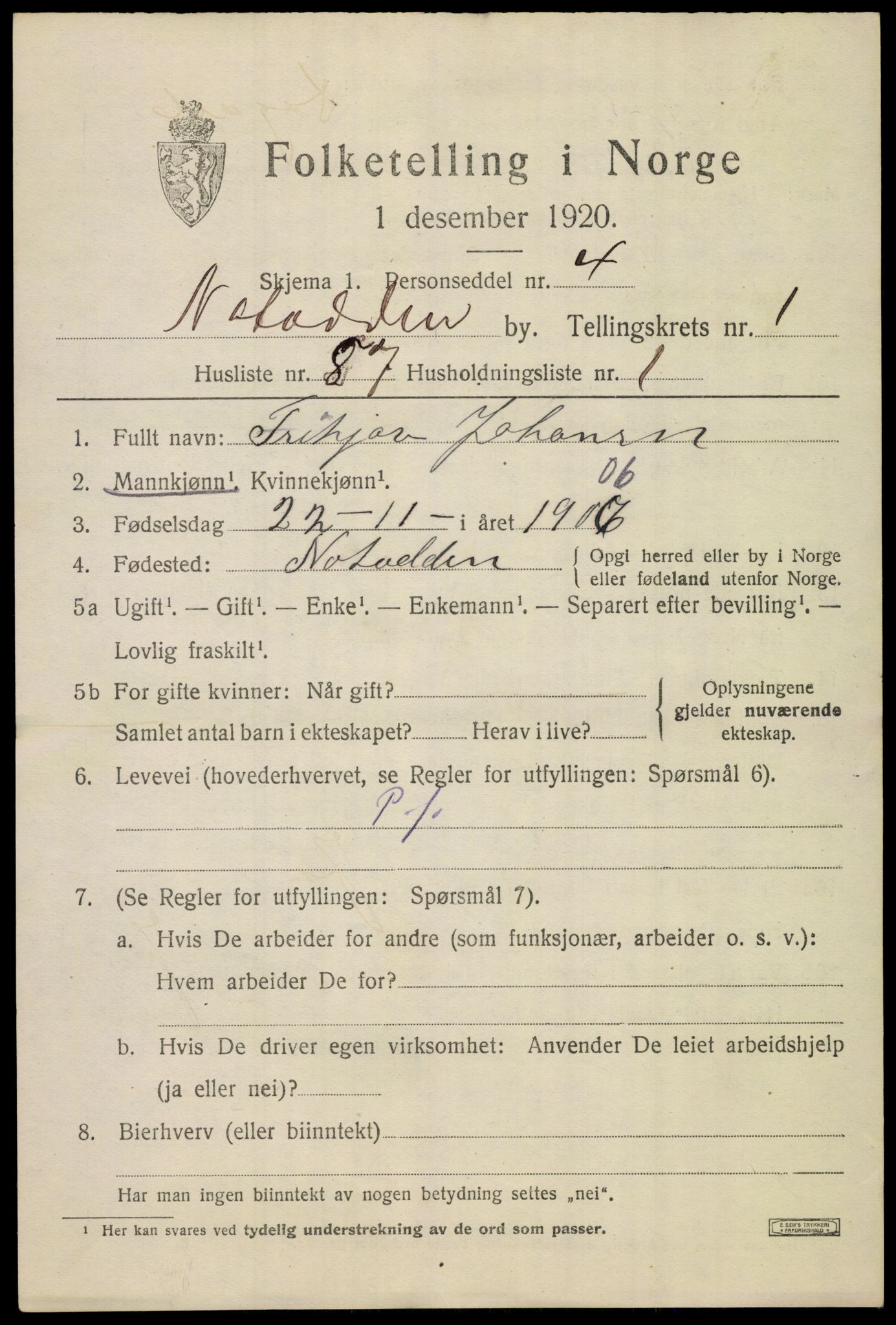 SAKO, 1920 census for Notodden, 1920, p. 6554