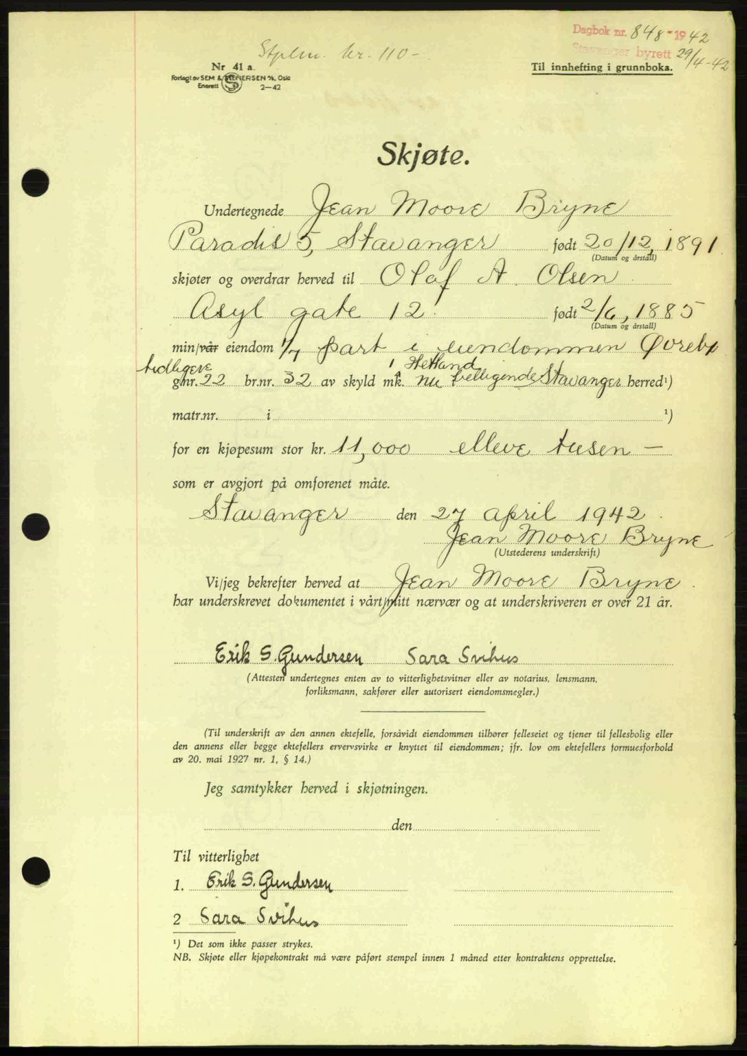 Stavanger byrett, SAST/A-100455/002/G/Gb/L0017: Mortgage book no. A7, 1941-1943, Diary no: : 848/1942