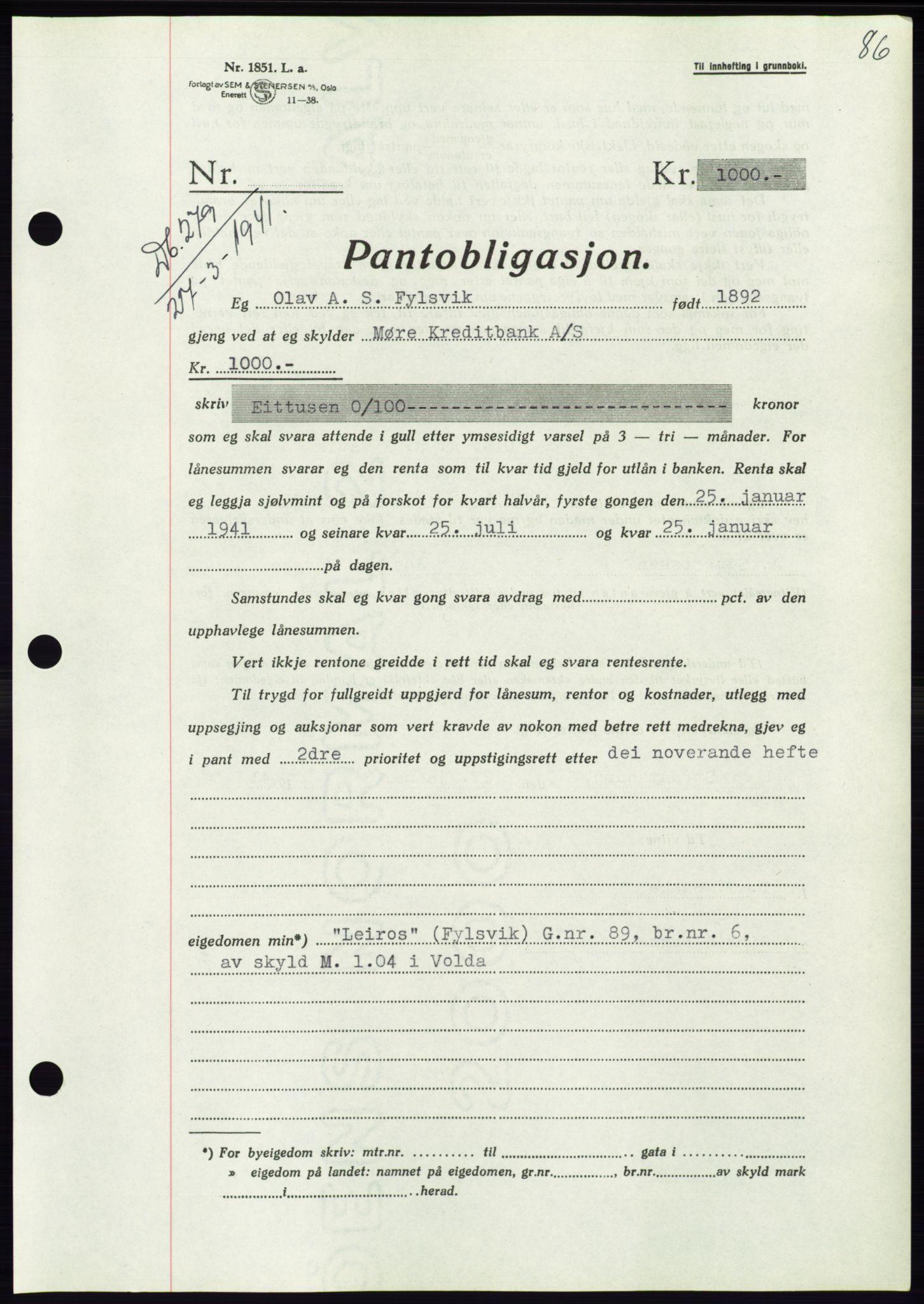 Søre Sunnmøre sorenskriveri, AV/SAT-A-4122/1/2/2C/L0071: Mortgage book no. 65, 1941-1941, Diary no: : 279/1941