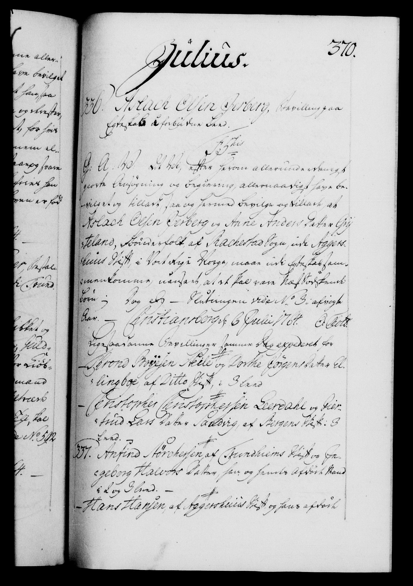 Danske Kanselli 1572-1799, RA/EA-3023/F/Fc/Fca/Fcaa/L0042: Norske registre, 1763-1766, p. 370a