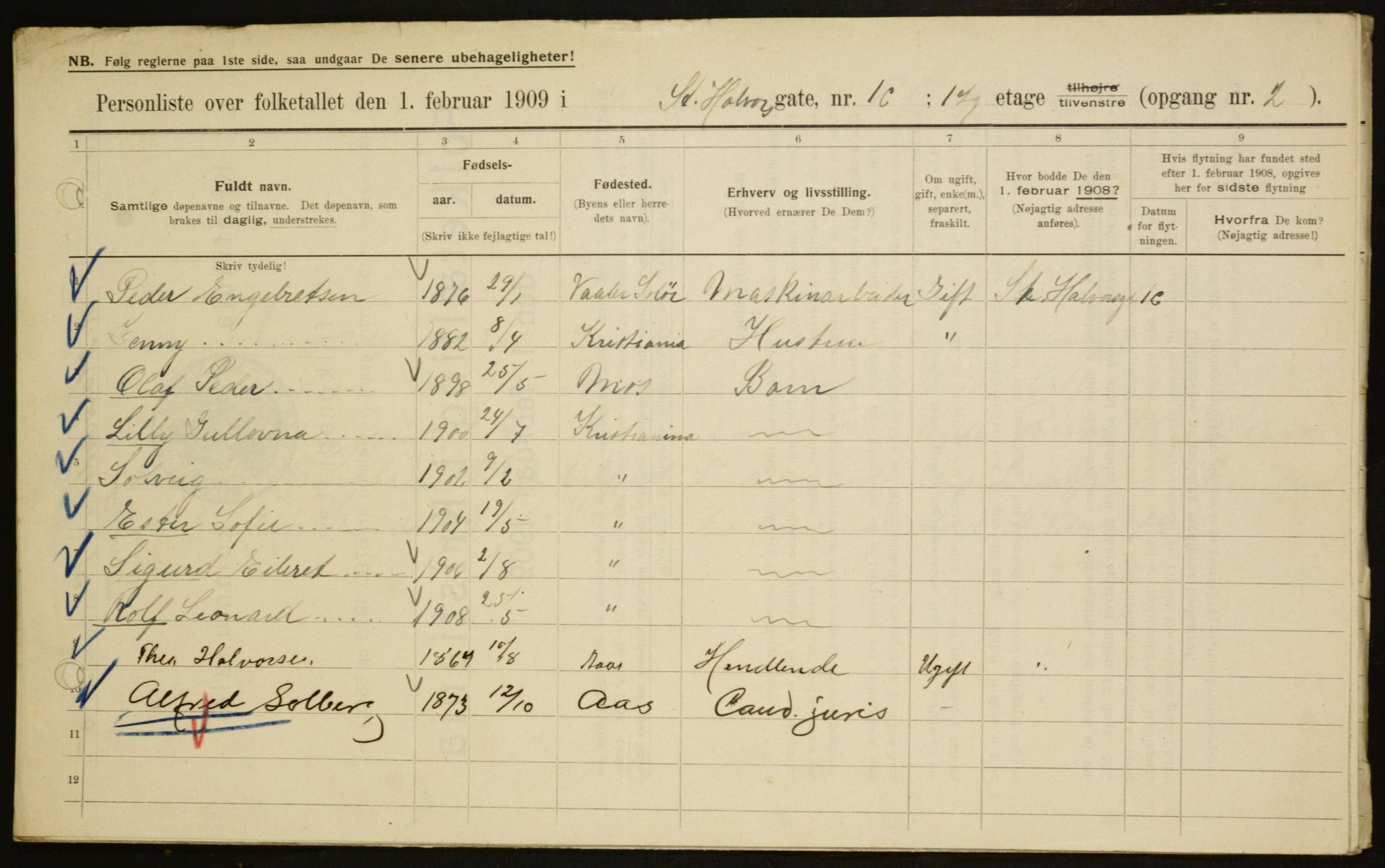 OBA, Municipal Census 1909 for Kristiania, 1909, p. 79494