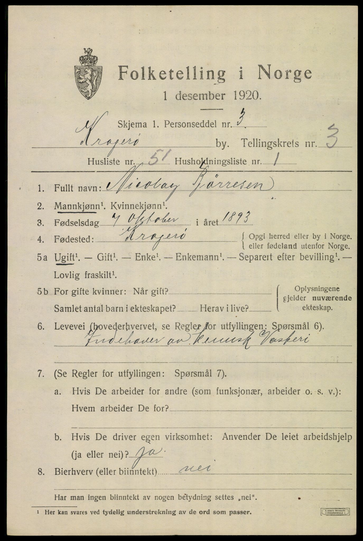 SAKO, 1920 census for Kragerø, 1920, p. 7643