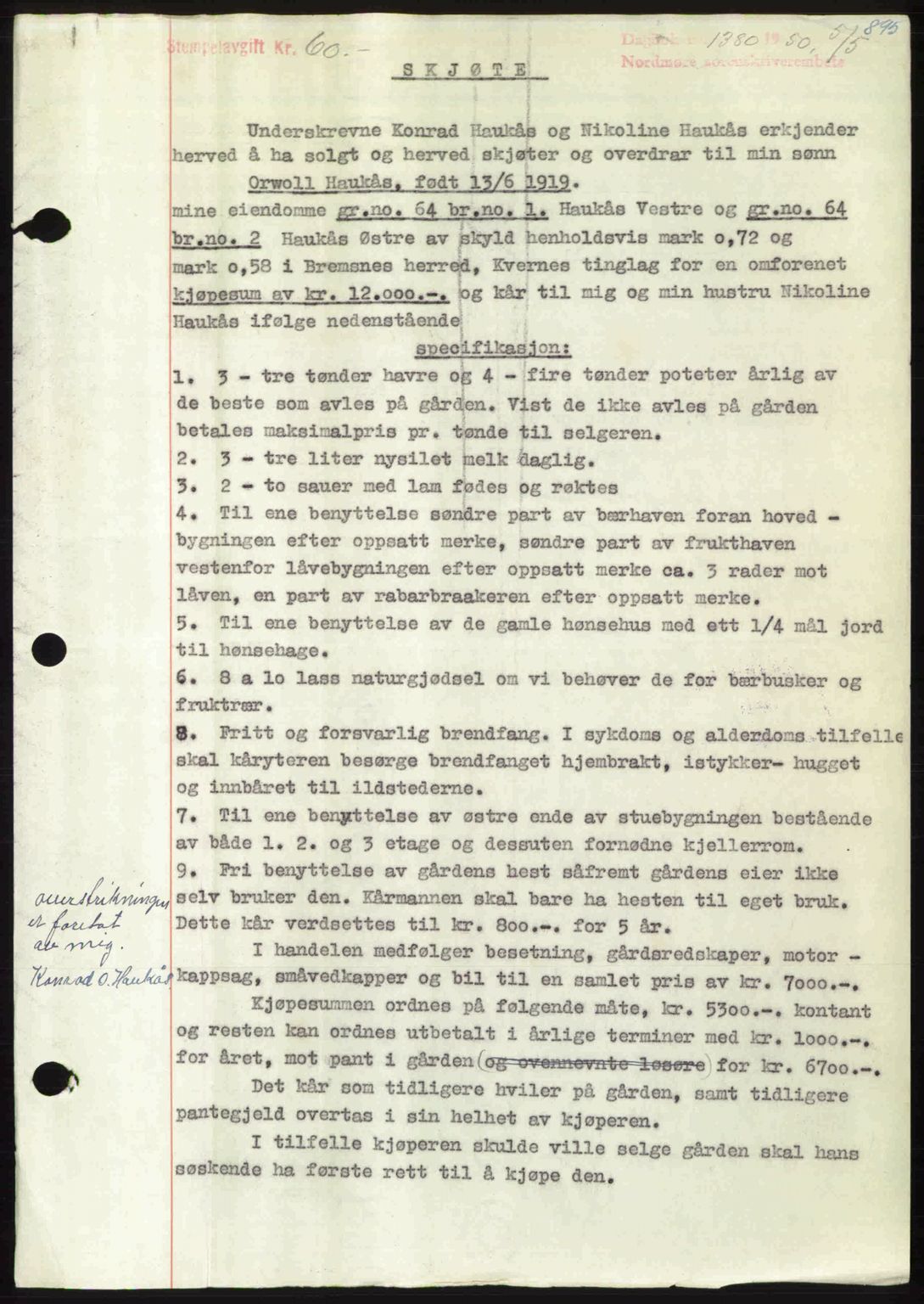 Nordmøre sorenskriveri, AV/SAT-A-4132/1/2/2Ca: Mortgage book no. A114, 1950-1950, Diary no: : 1380/1950