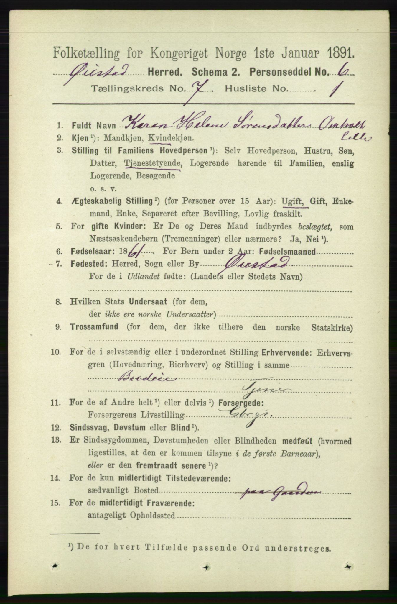 RA, 1891 census for 0920 Øyestad, 1891, p. 2660