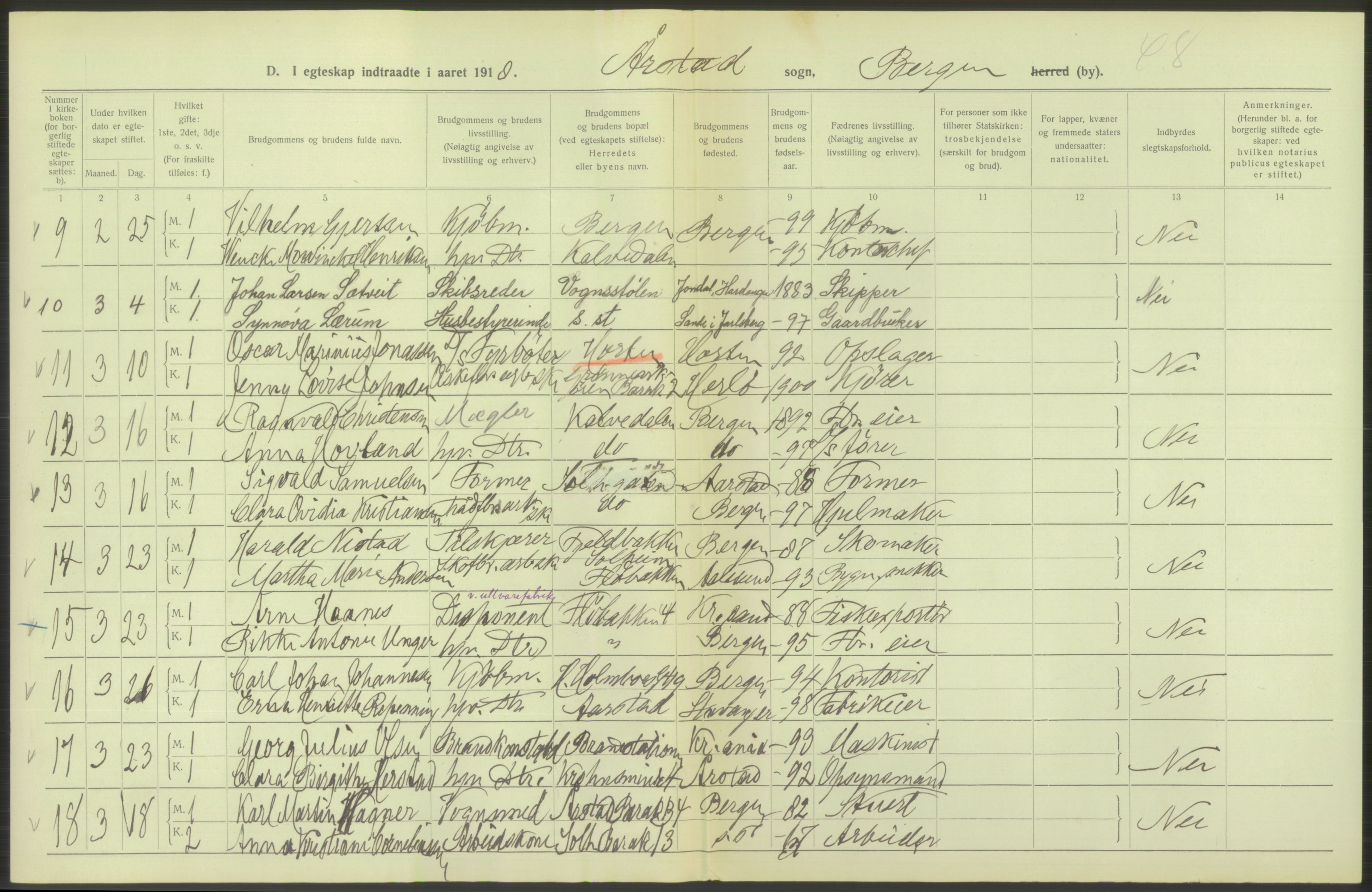 Statistisk sentralbyrå, Sosiodemografiske emner, Befolkning, RA/S-2228/D/Df/Dfb/Dfbh/L0038: Bergen: Gifte, dødfødte., 1918, p. 34