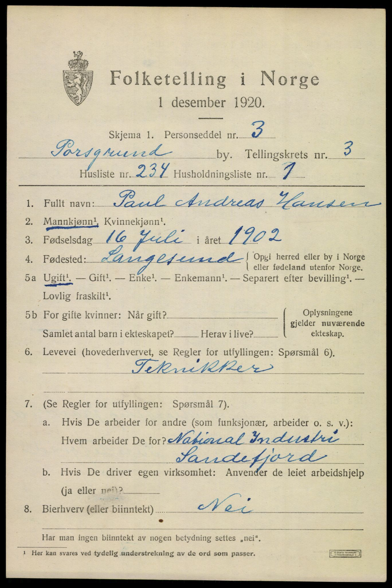 SAKO, 1920 census for Porsgrunn, 1920, p. 17389