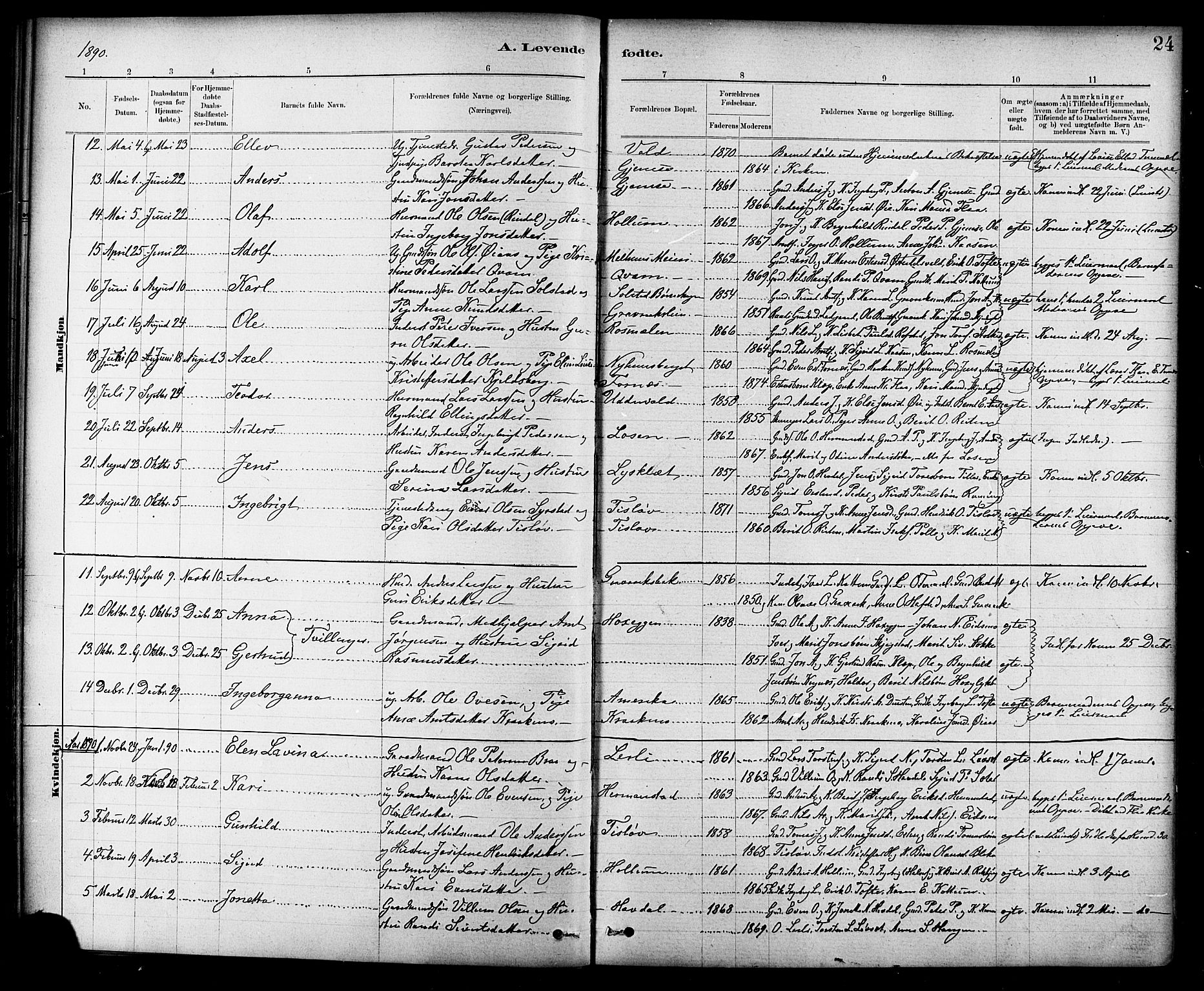 Ministerialprotokoller, klokkerbøker og fødselsregistre - Sør-Trøndelag, SAT/A-1456/691/L1094: Parish register (copy) no. 691C05, 1879-1911, p. 24