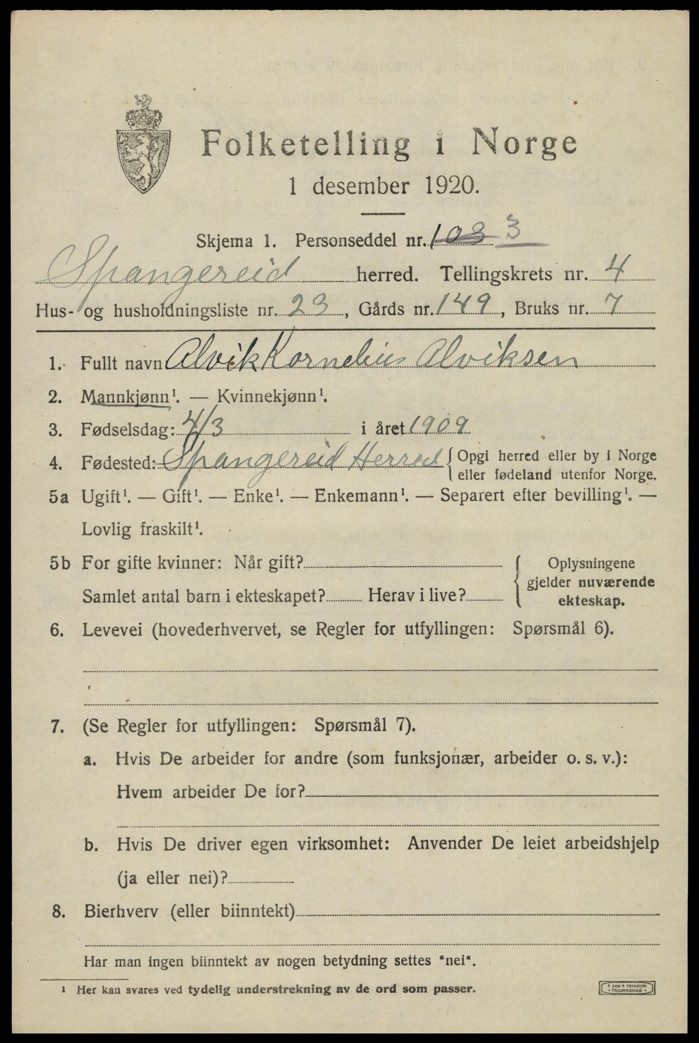 SAK, 1920 census for Spangereid, 1920, p. 1723