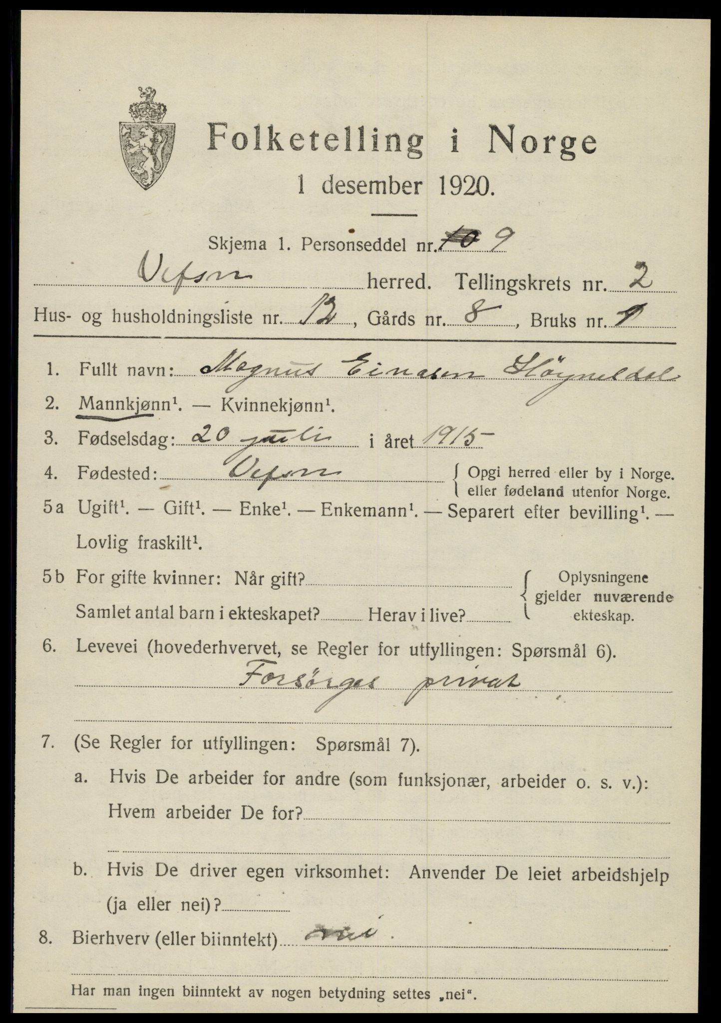 SAT, 1920 census for Vefsn, 1920, p. 2015