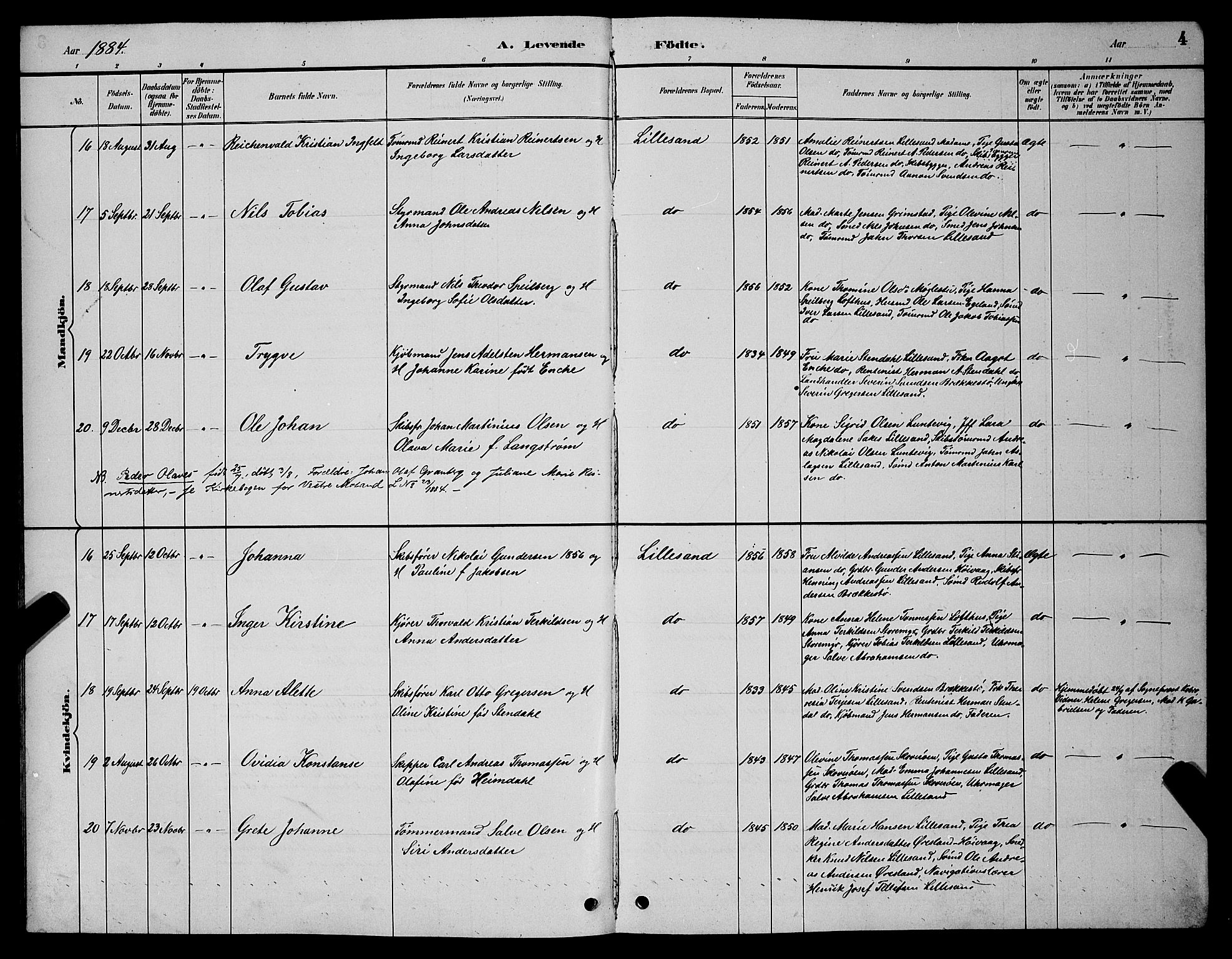 Vestre Moland sokneprestkontor, AV/SAK-1111-0046/F/Fb/Fba/L0001: Parish register (copy) no. B 1, 1884-1903, p. 4