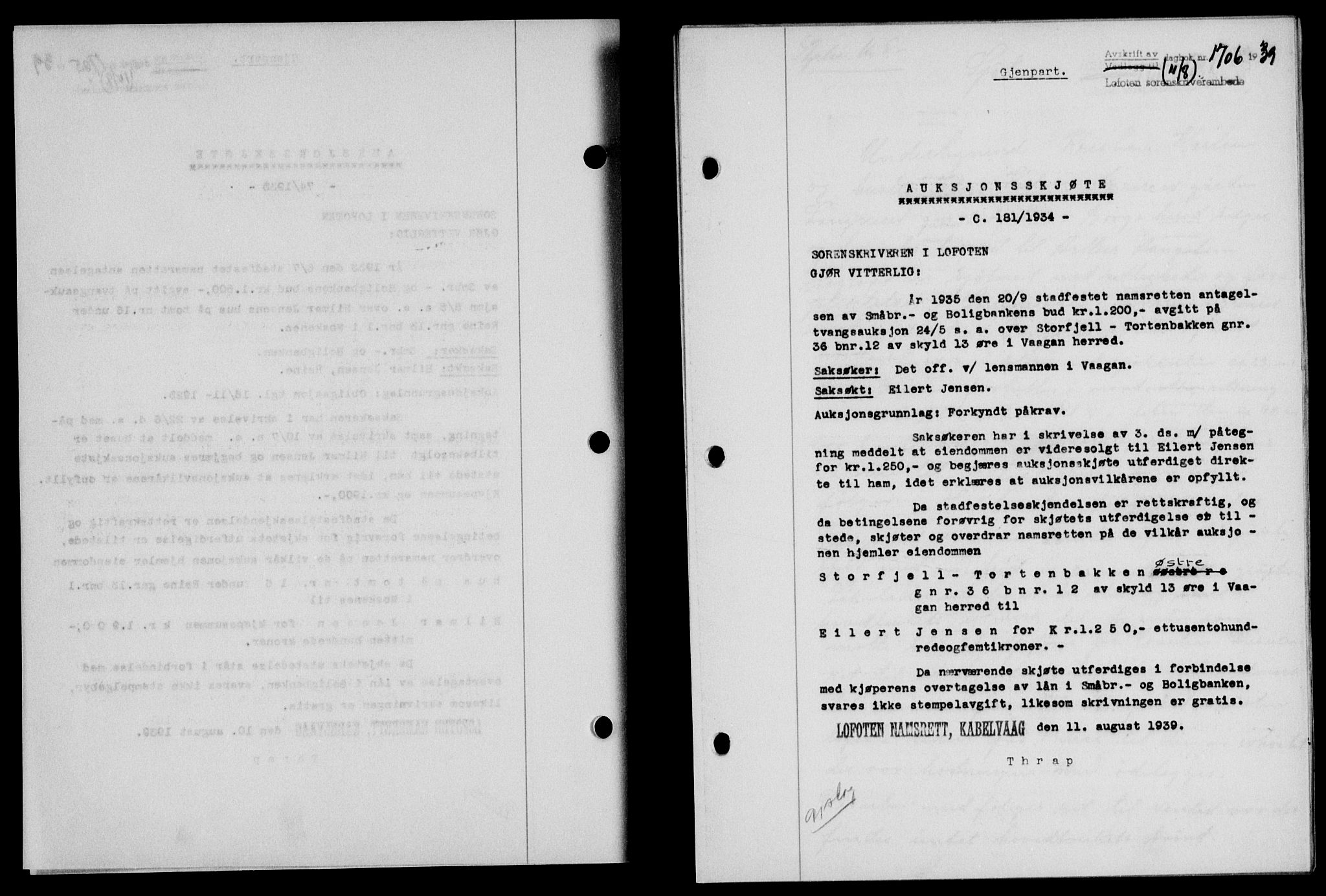 Lofoten sorenskriveri, SAT/A-0017/1/2/2C/L0006a: Mortgage book no. 6a, 1939-1939, Diary no: : 1706/1939