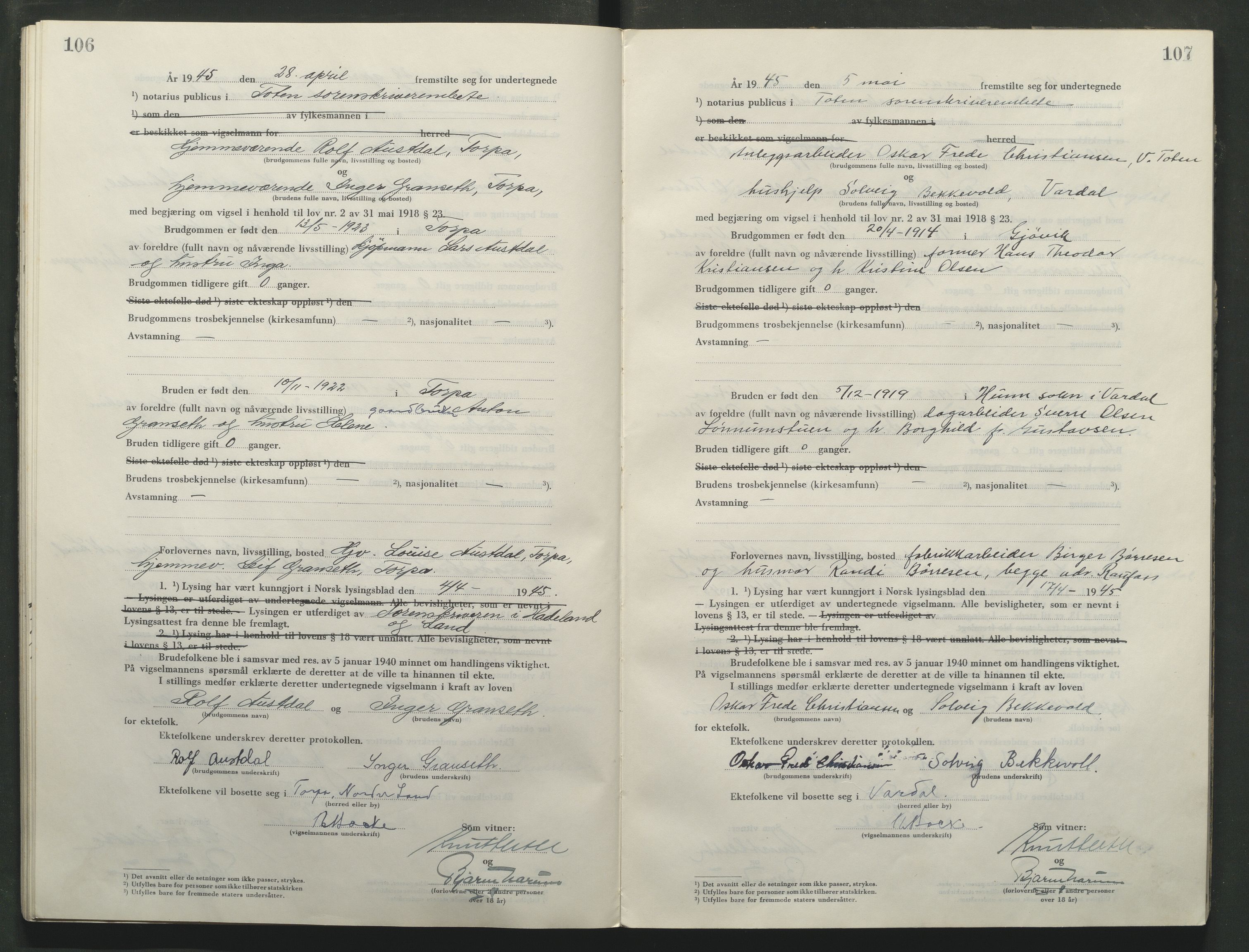 Toten tingrett, AV/SAH-TING-006/L/Lc/L0005: Vigselbok, 1944-1948, p. 106-107