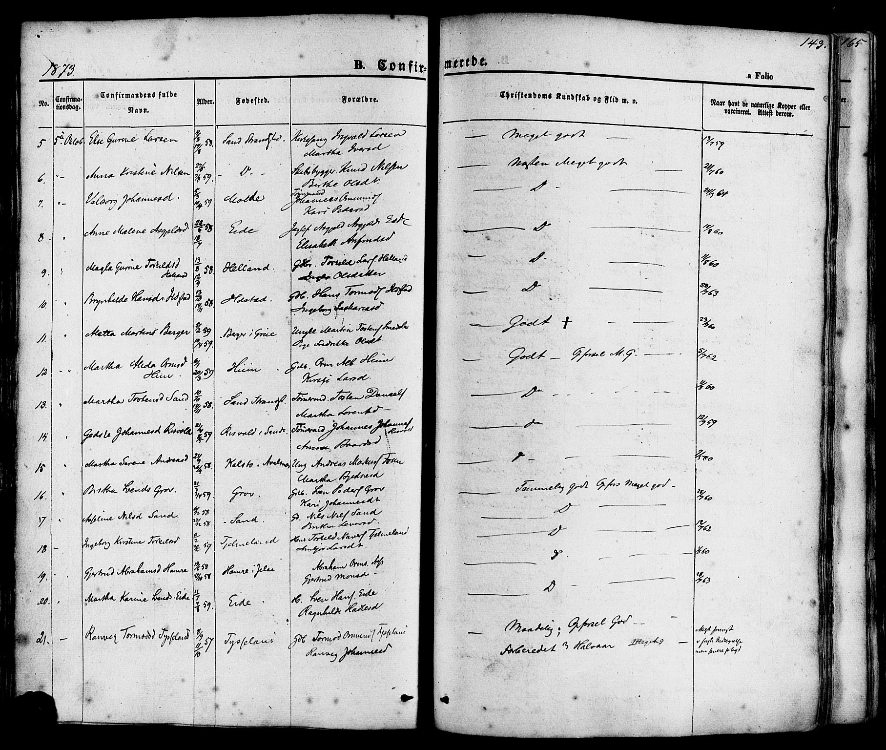 Sand sokneprestkontor, AV/SAST-A-101848/01/III/L0003: Parish register (official) no. A 3, 1854-1879, p. 143