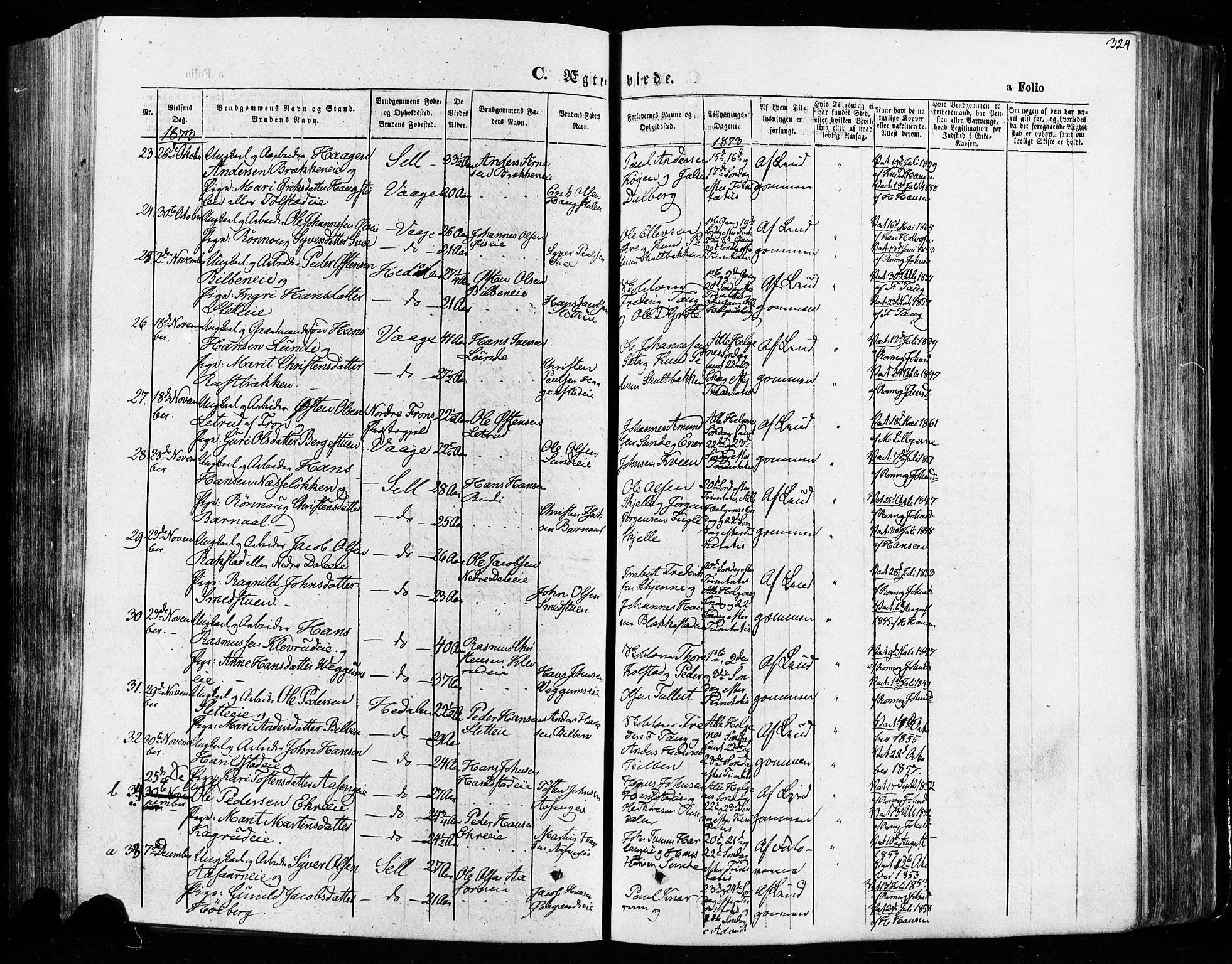 Vågå prestekontor, SAH/PREST-076/H/Ha/Haa/L0007: Parish register (official) no. 7 /1, 1872-1886, p. 324