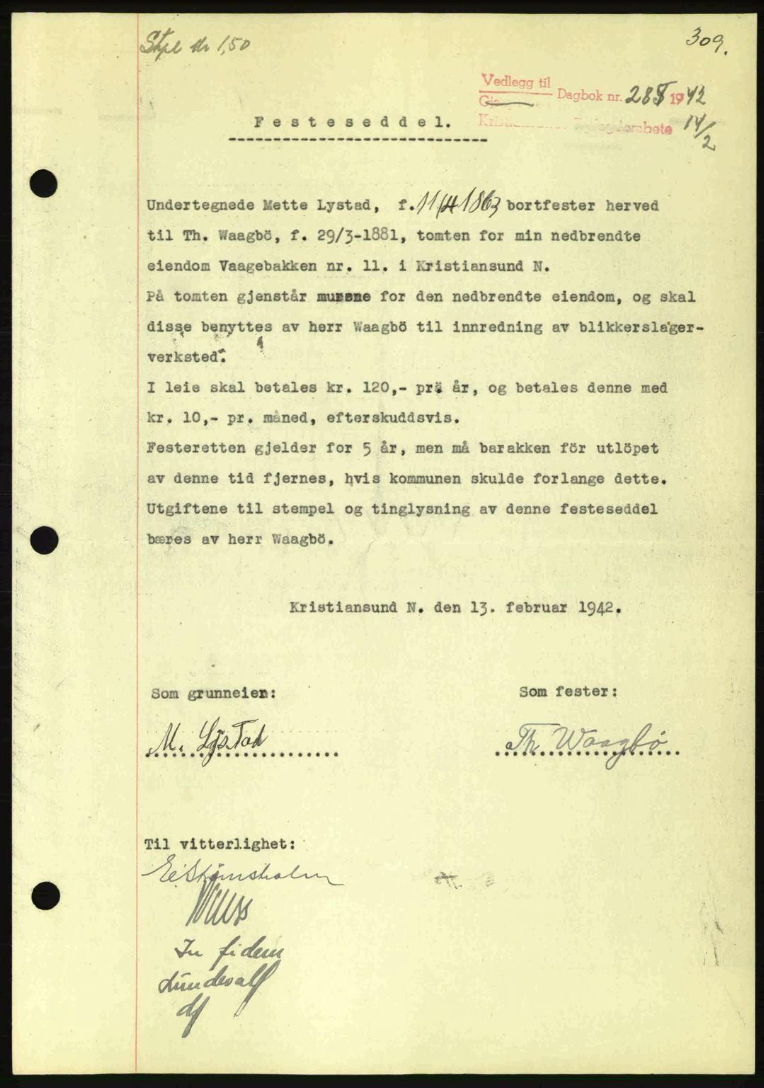 Kristiansund byfogd, AV/SAT-A-4587/A/27: Mortgage book no. 35, 1941-1942, Diary no: : 285/1942