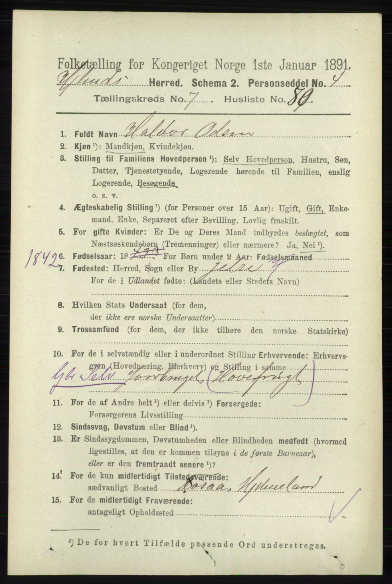 RA, 1891 census for 1133 Hjelmeland, 1891, p. 2397