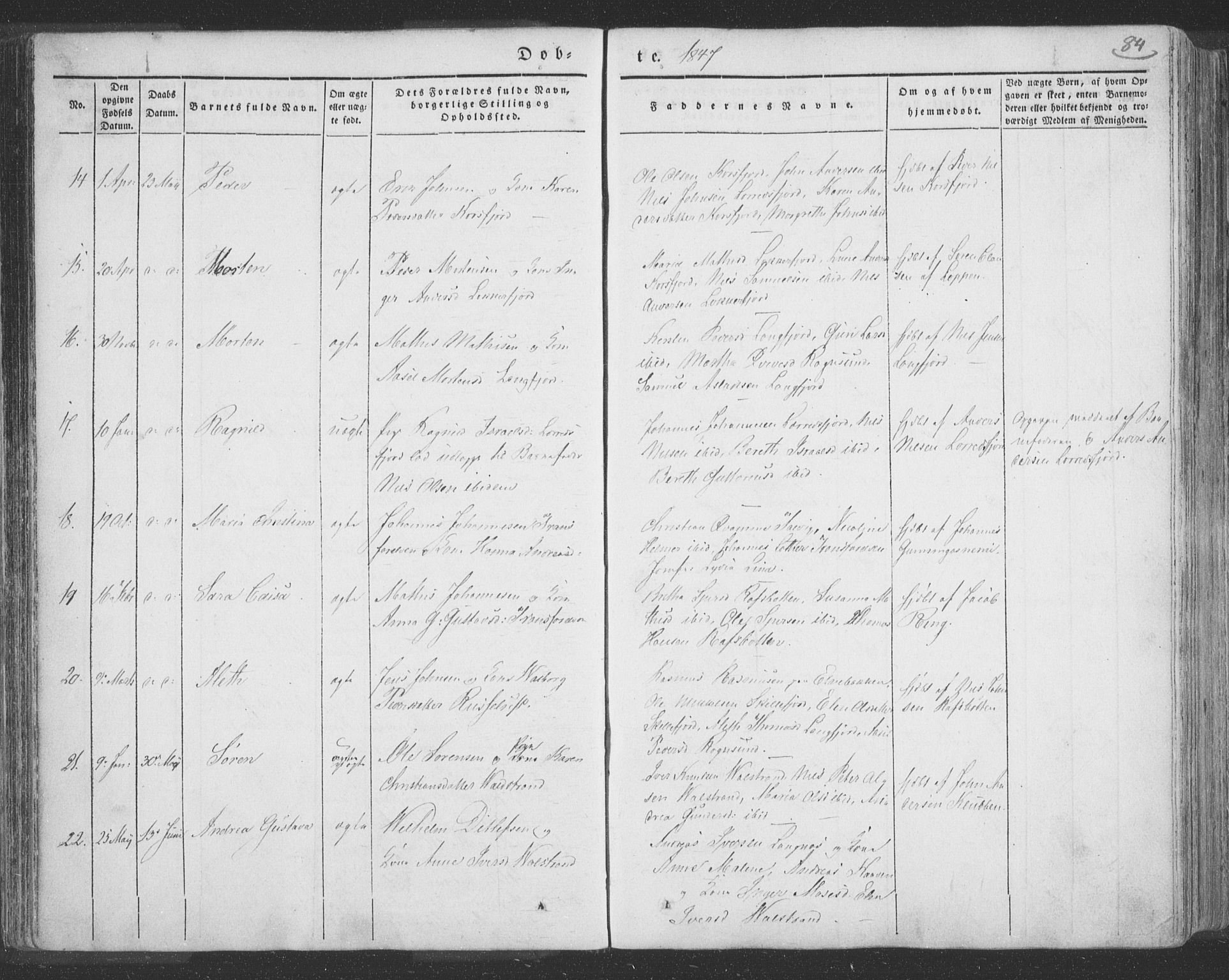 Talvik sokneprestkontor, AV/SATØ-S-1337/H/Ha/L0009kirke: Parish register (official) no. 9, 1837-1852, p. 84