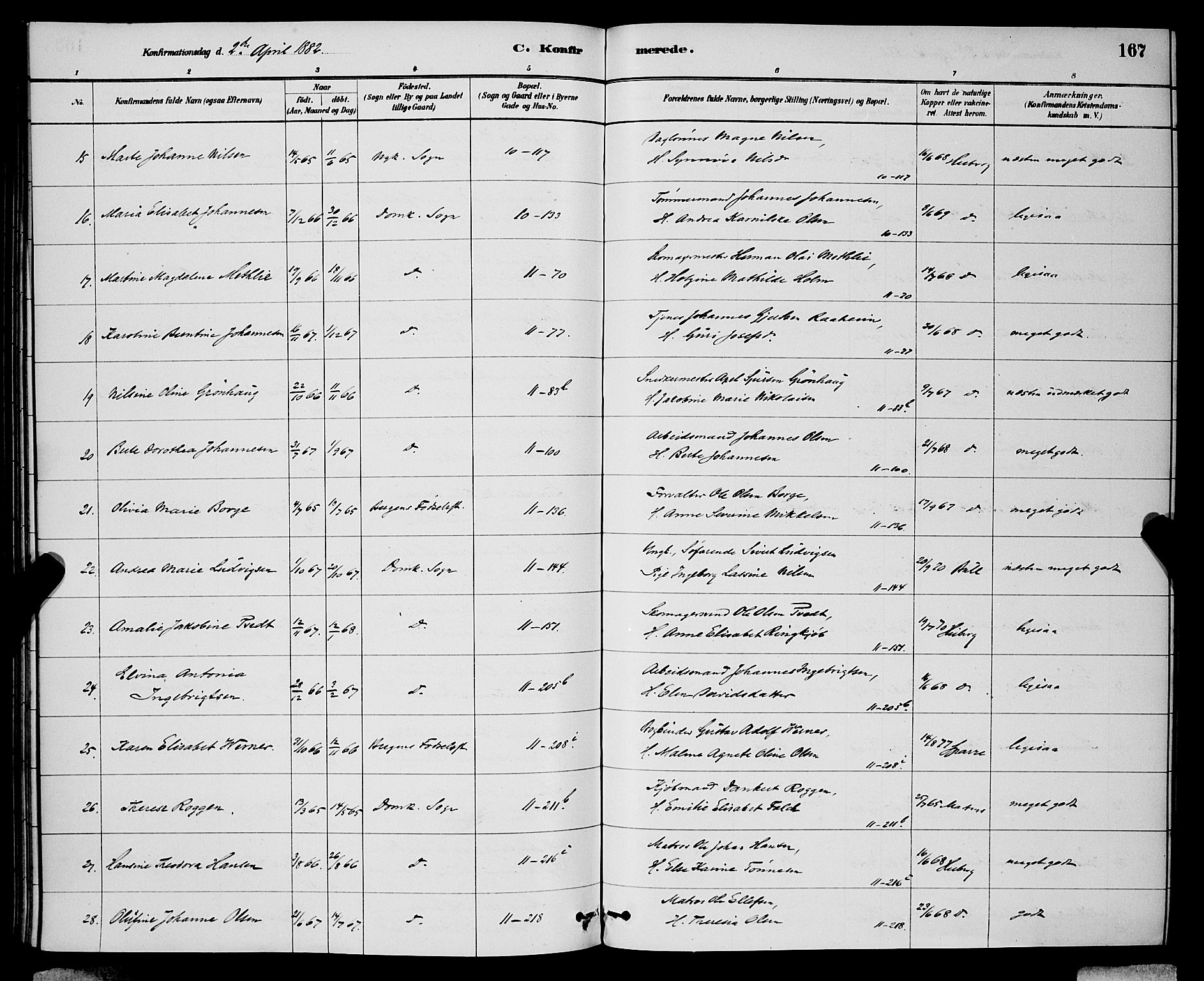 Domkirken sokneprestembete, AV/SAB-A-74801/H/Hab/L0024: Parish register (copy) no. C 4, 1880-1899, p. 167