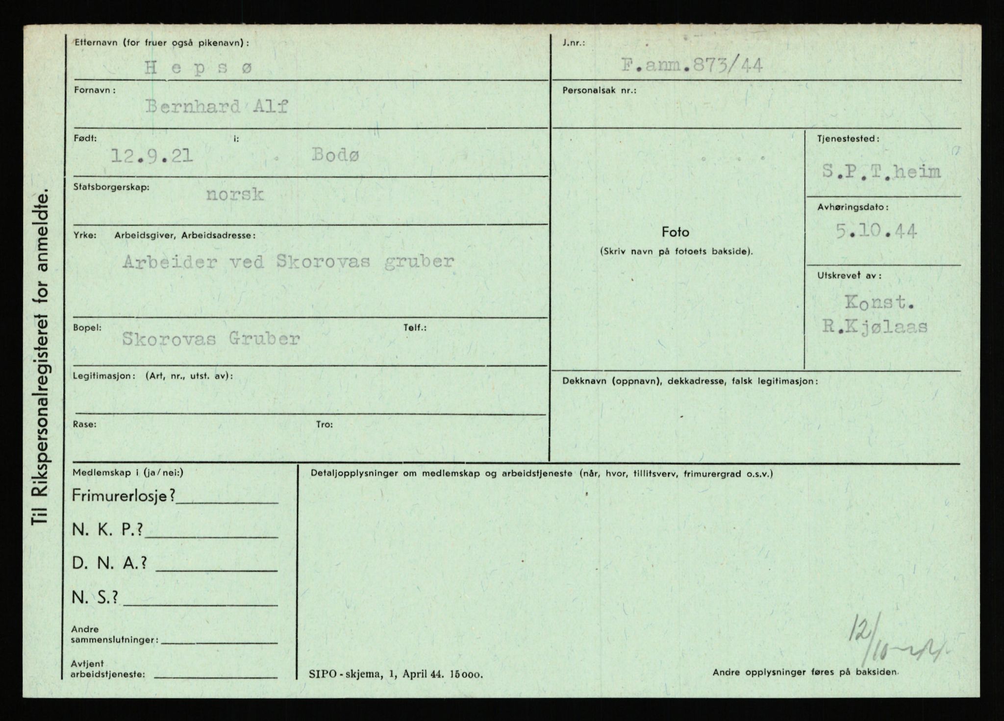 Statspolitiet - Hovedkontoret / Osloavdelingen, AV/RA-S-1329/C/Ca/L0006: Hanche - Hokstvedt, 1943-1945, p. 3829