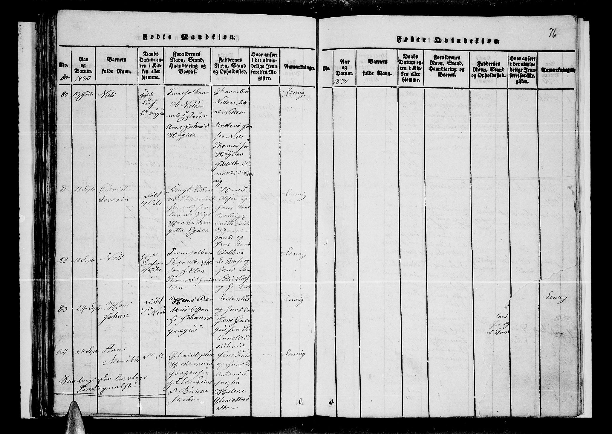Lenvik sokneprestembete, AV/SATØ-S-1310/H/Ha/Hab/L0001klokker: Parish register (copy) no. 1, 1822-1837, p. 76