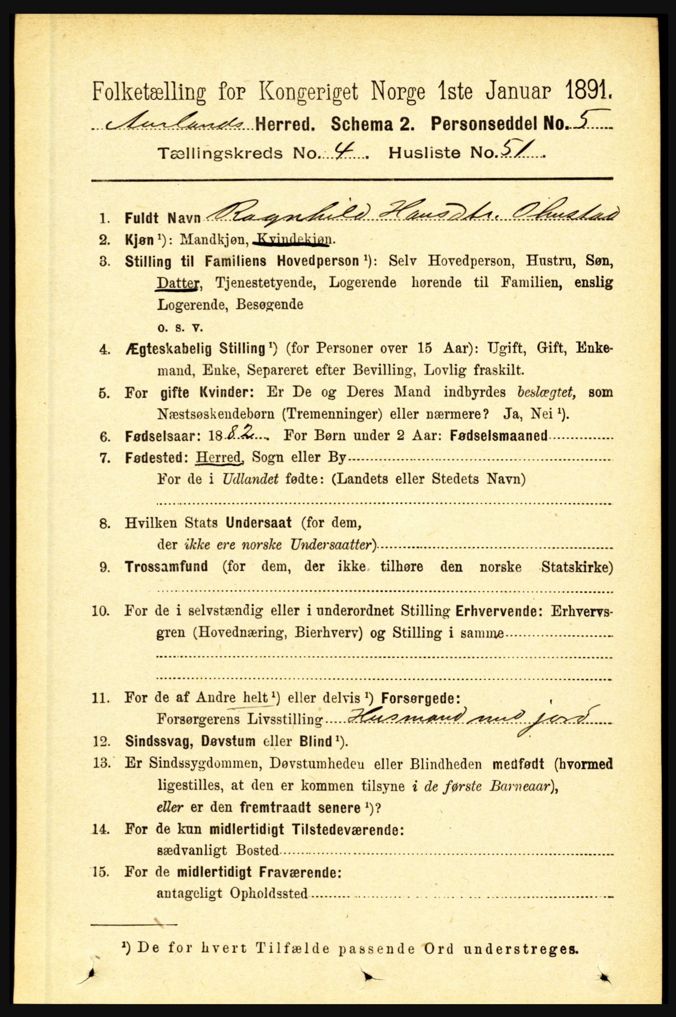 RA, 1891 census for 1421 Aurland, 1891, p. 1615
