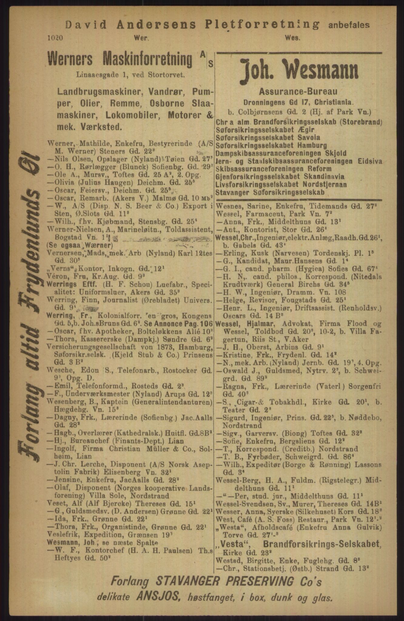 Kristiania/Oslo adressebok, PUBL/-, 1911, p. 1020