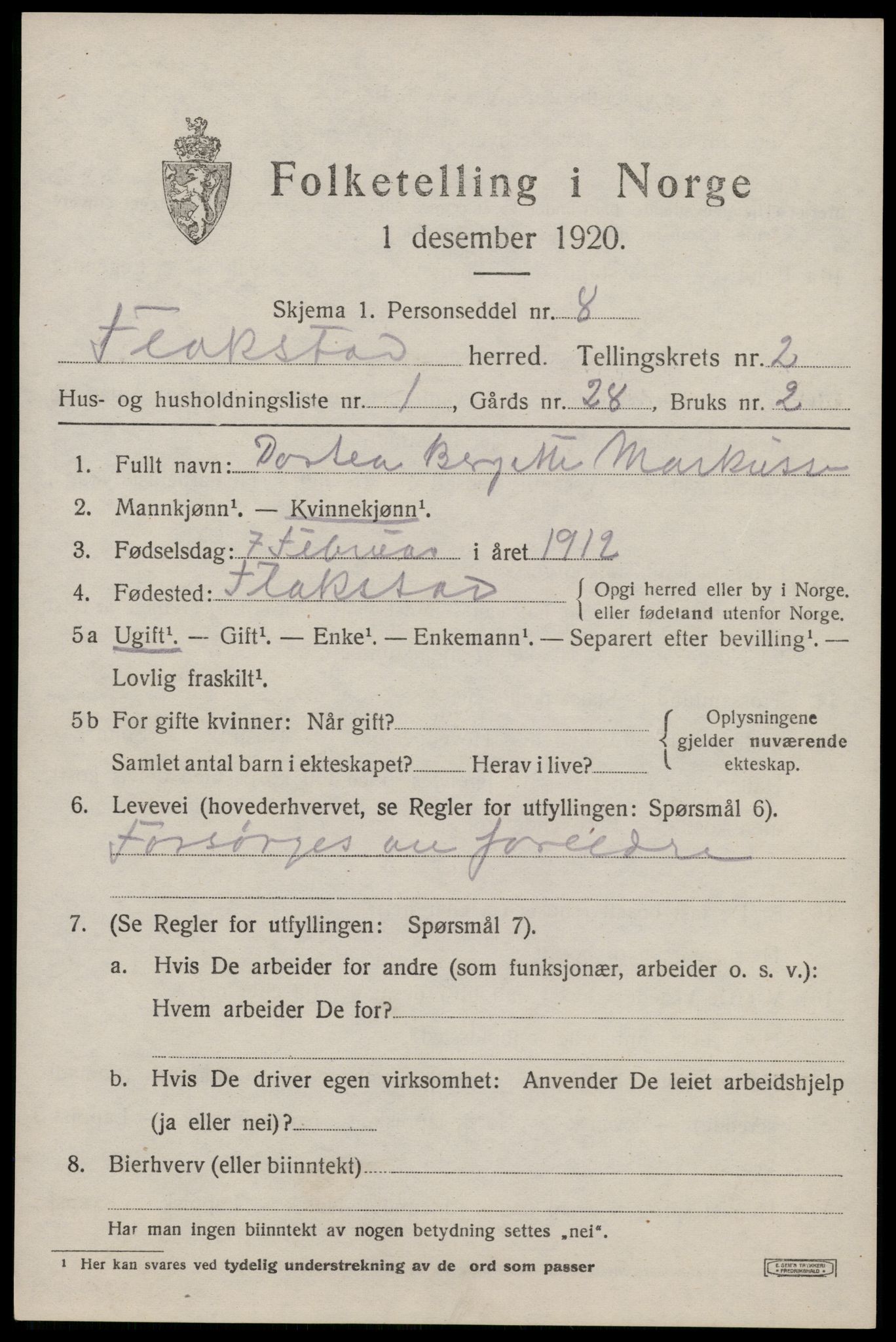 SAT, 1920 census for Flakstad, 1920, p. 1231
