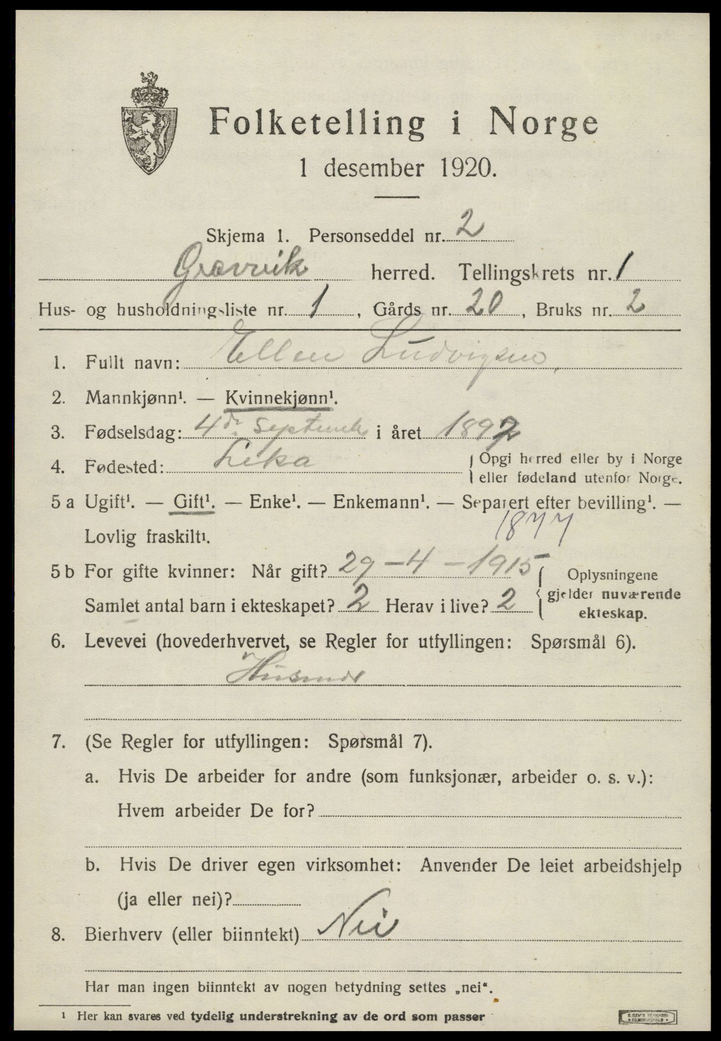 SAT, 1920 census for Gravvik, 1920, p. 310