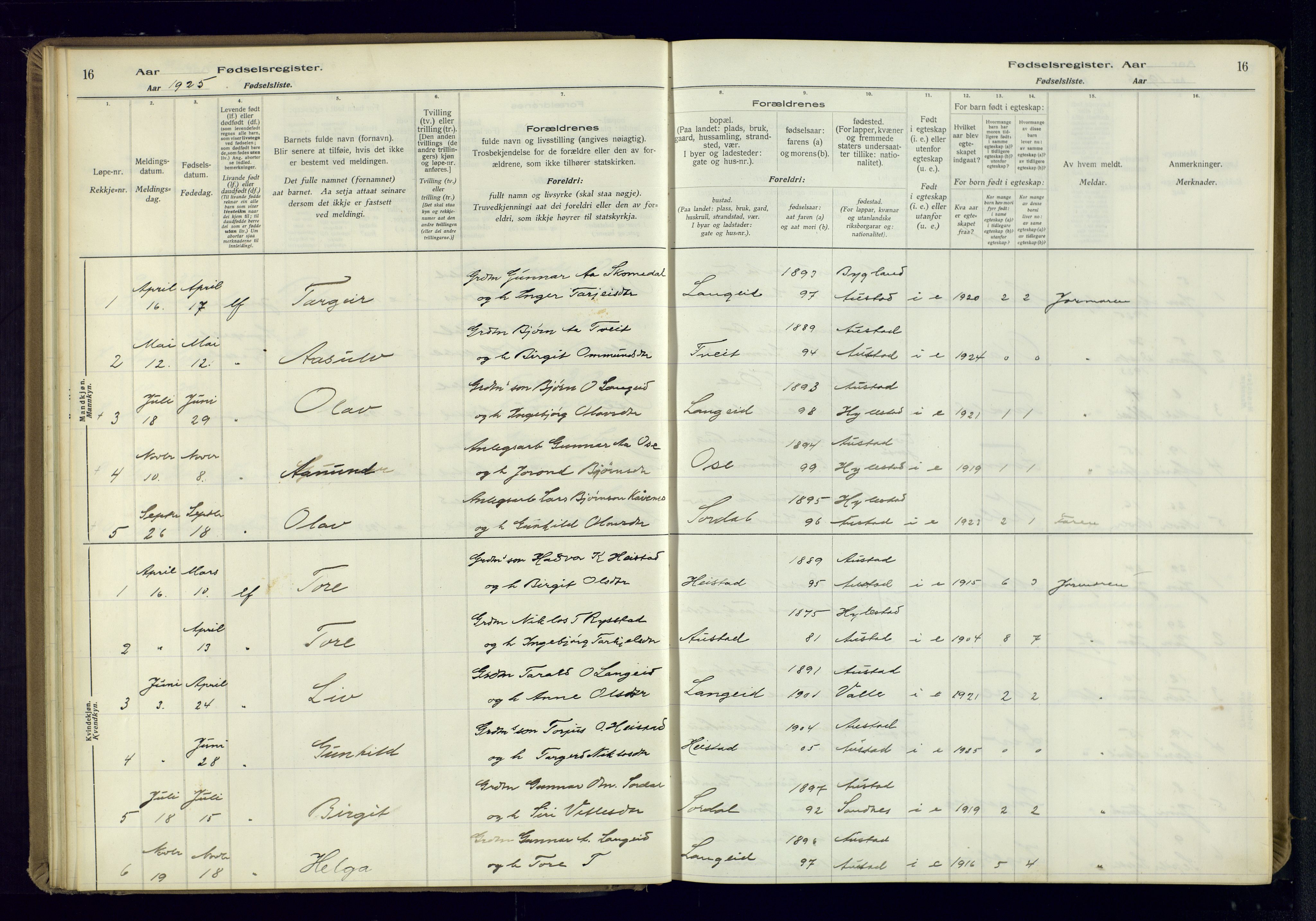 Bygland sokneprestkontor, SAK/1111-0006/J/Ja/L0002: Birth register no. II.4.3, 1916-1982, p. 16