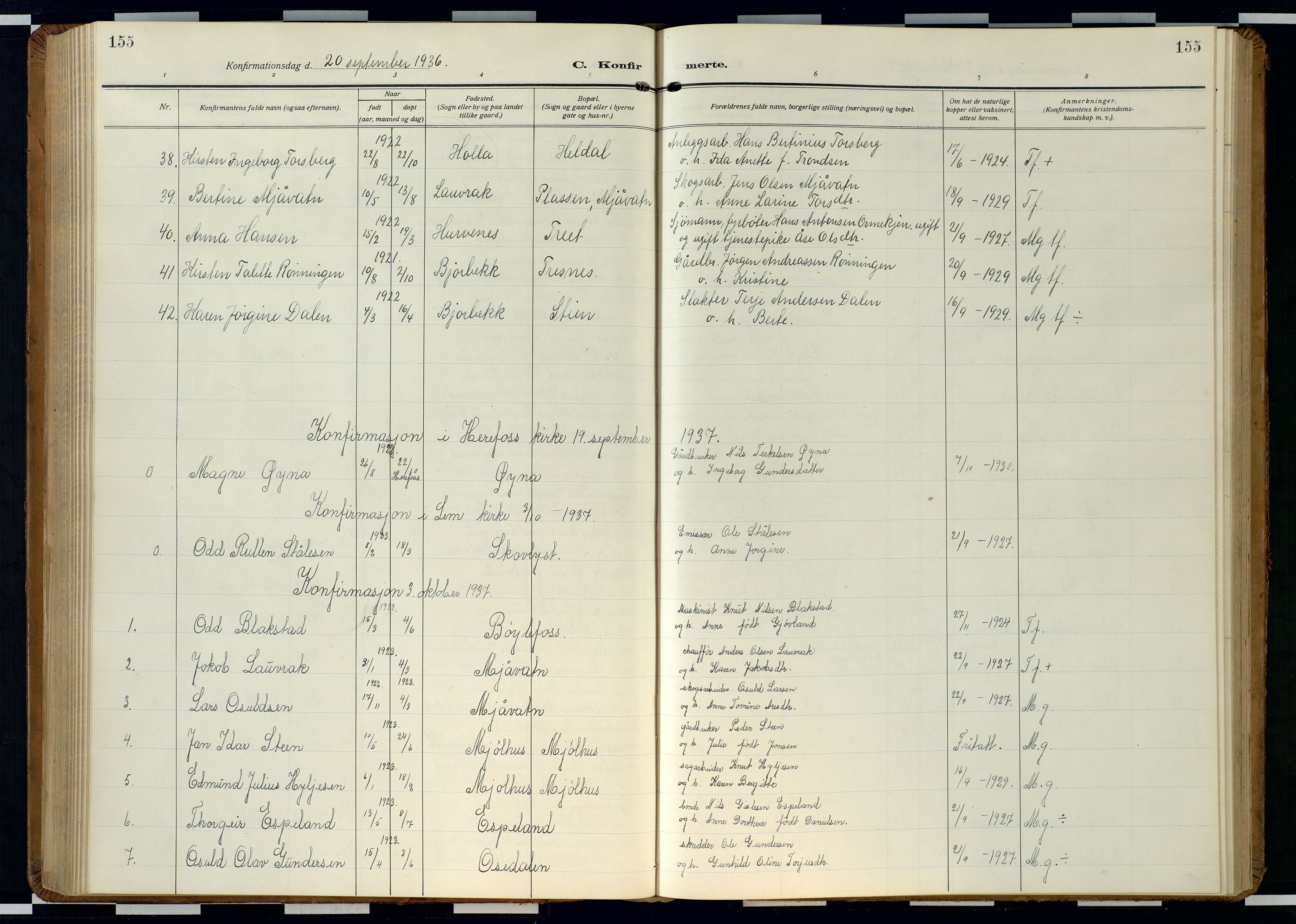 Froland sokneprestkontor, SAK/1111-0013/F/Fb/L0011: Parish register (copy) no. B 11, 1921-1947, p. 155