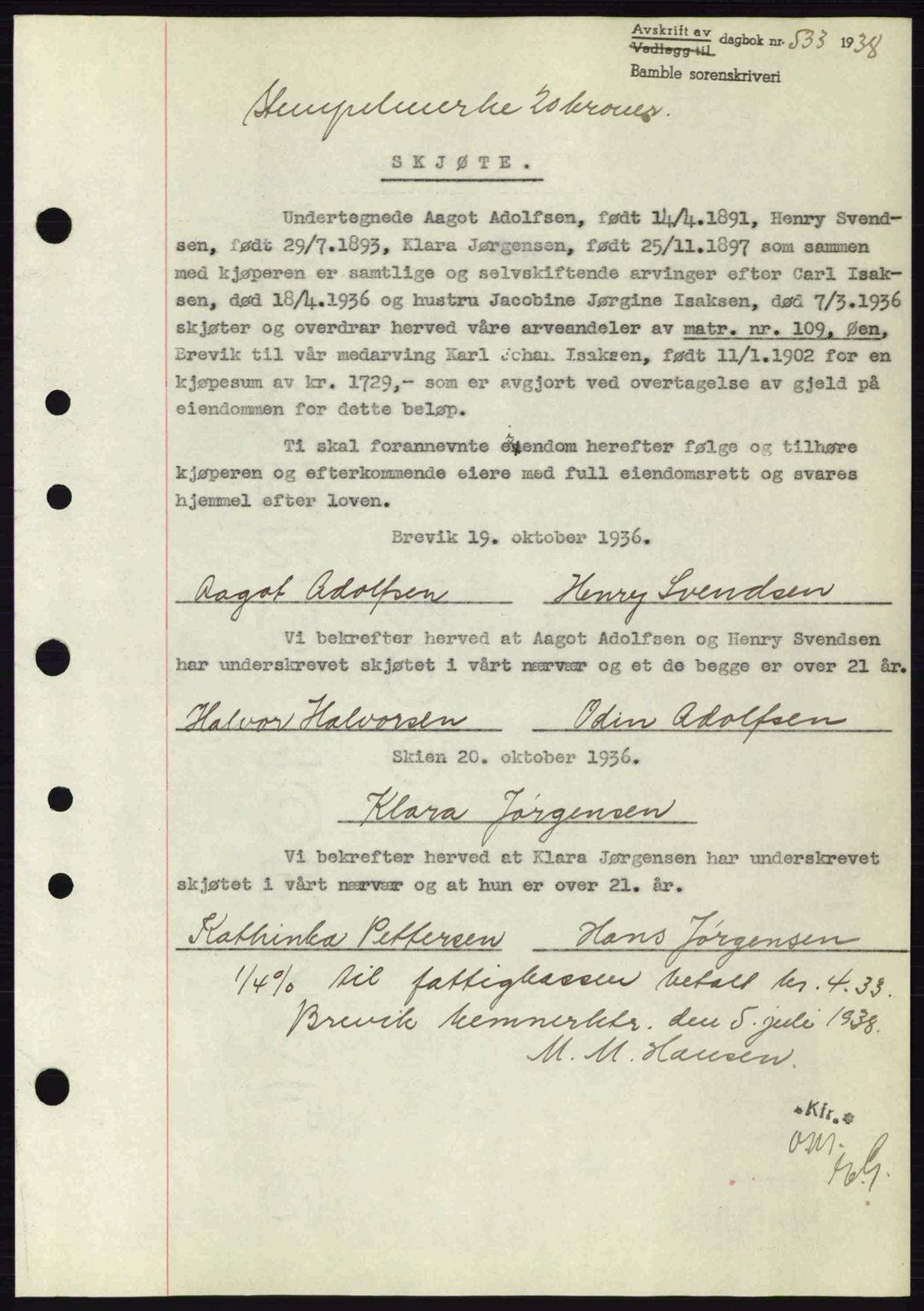 Bamble sorenskriveri, AV/SAKO-A-214/G/Ga/Gag/L0002: Mortgage book no. A-2, 1937-1938, Diary no: : 533/1938