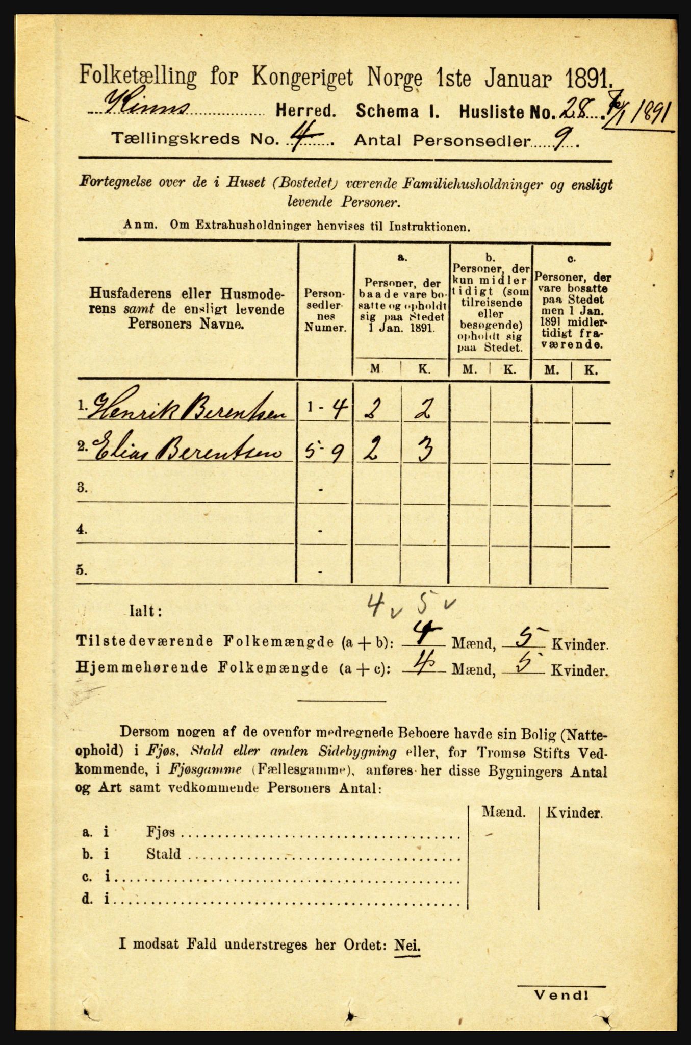 RA, 1891 census for 1437 Kinn, 1891, p. 1283