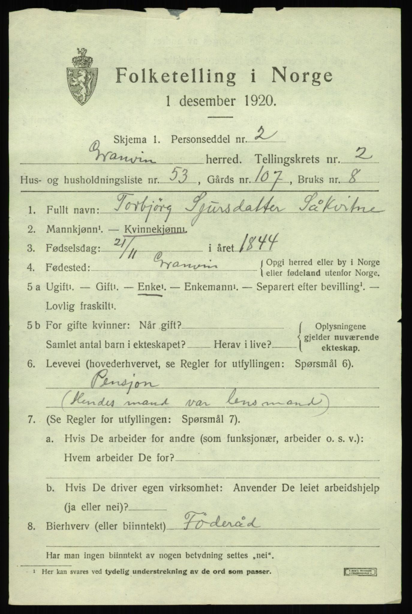 SAB, 1920 census for Granvin, 1920, p. 1172