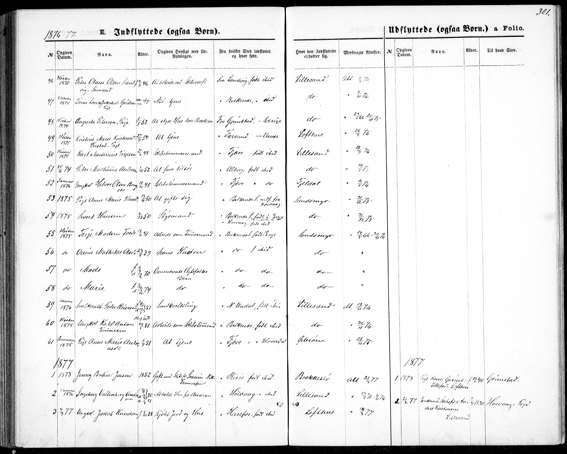 Vestre Moland sokneprestkontor, SAK/1111-0046/F/Fb/Fbb/L0005: Parish register (copy) no. B 5, 1872-1883, p. 301