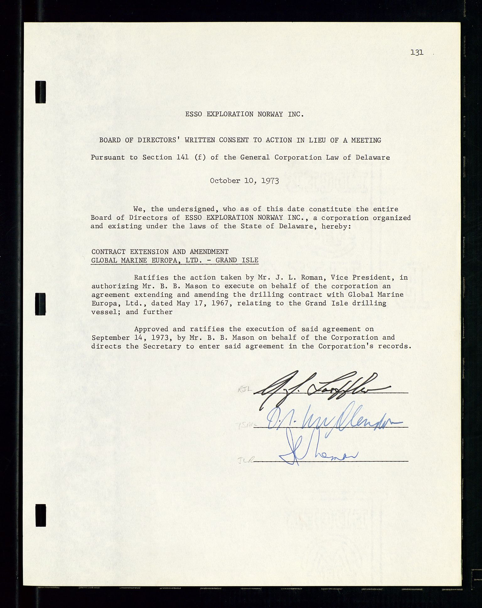 Pa 1512 - Esso Exploration and Production Norway Inc., SAST/A-101917/A/Aa/L0001/0001: Styredokumenter / Corporate records, By-Laws, Board meeting minutes, Incorporations, 1965-1975, p. 131