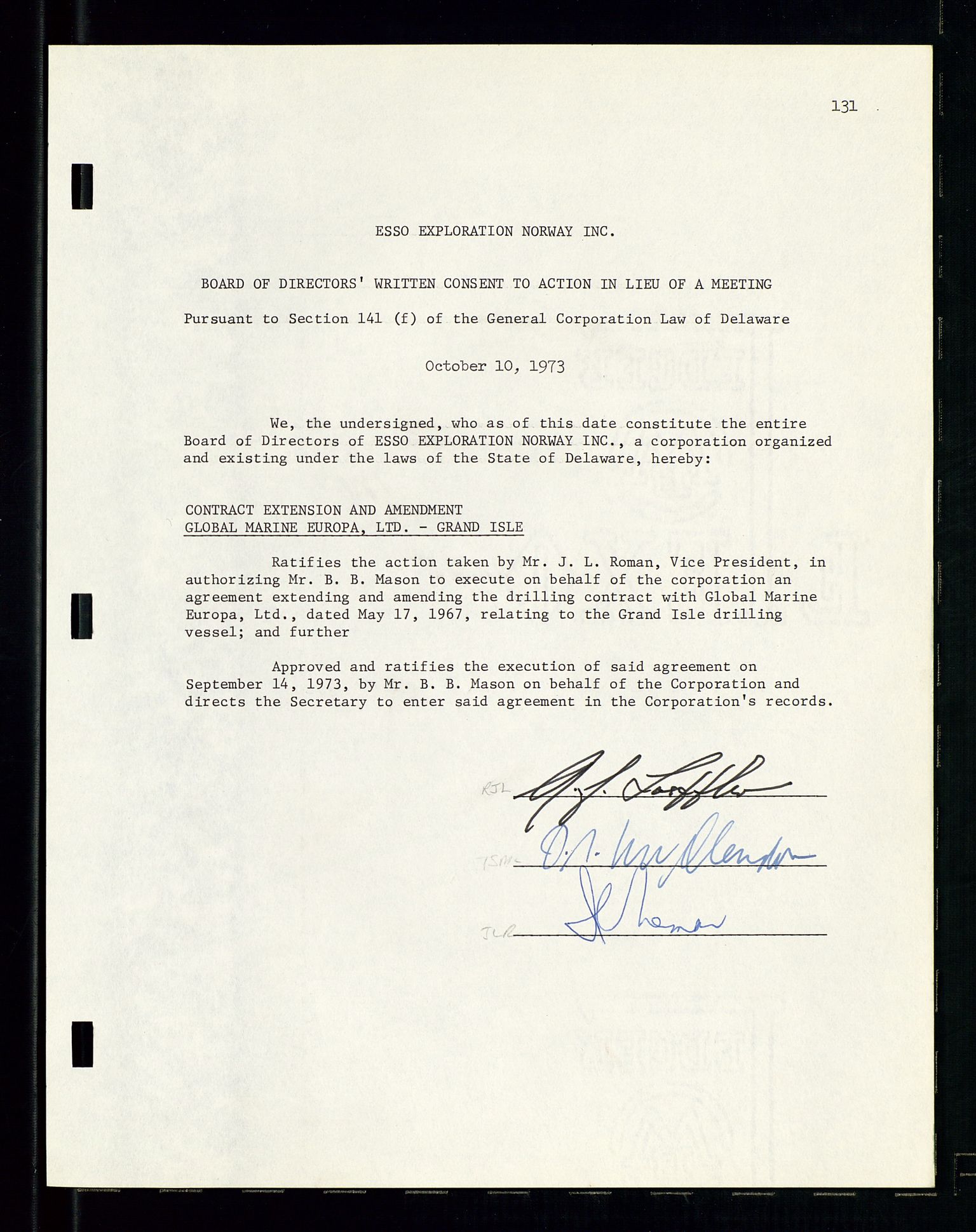 Pa 1512 - Esso Exploration and Production Norway Inc., AV/SAST-A-101917/A/Aa/L0001/0001: Styredokumenter / Corporate records, By-Laws, Board meeting minutes, Incorporations, 1965-1975, p. 131